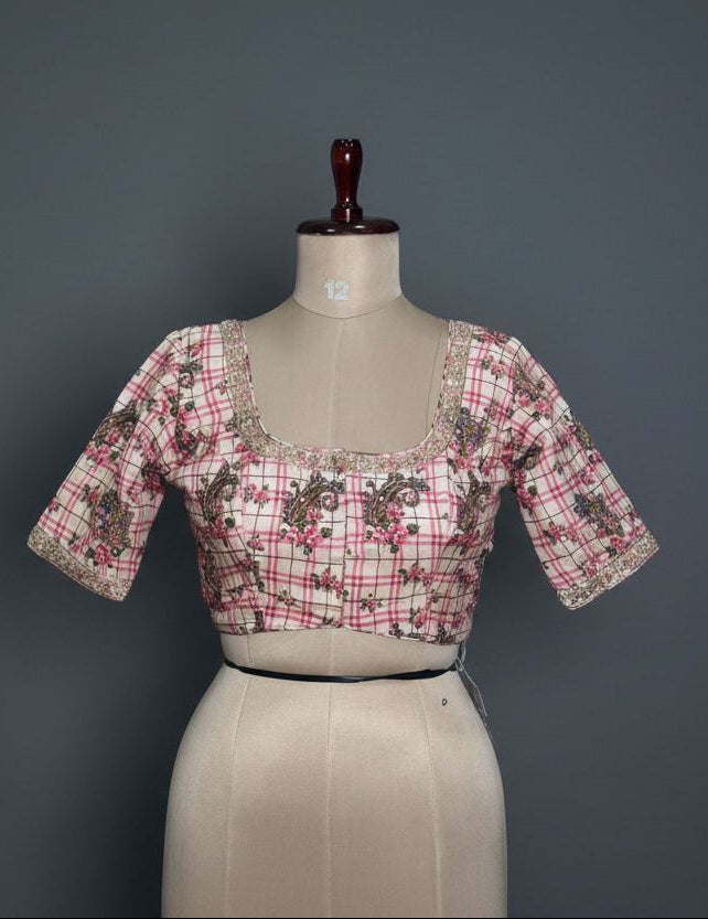 Light pink checks printed handwork blouse-12