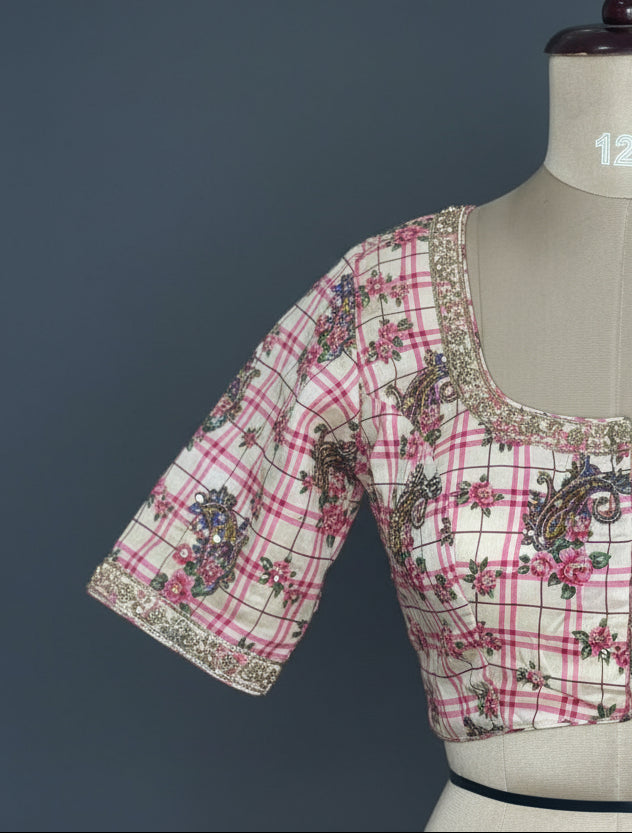Light pink checks printed handwork blouse-12