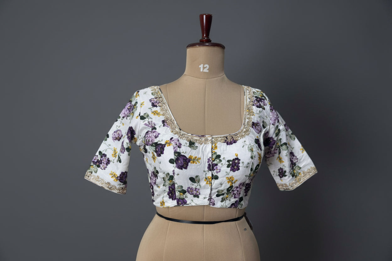 White floral printed handwork blouse-12