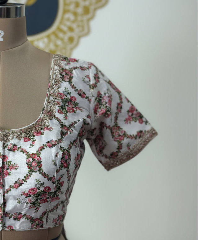 White floral printed handwork blouse-12