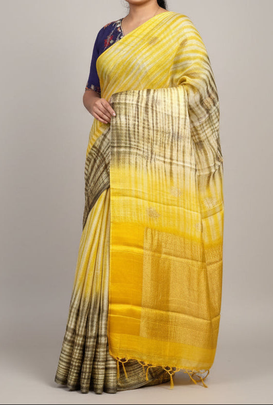 Yellow shibori print banana silk saree