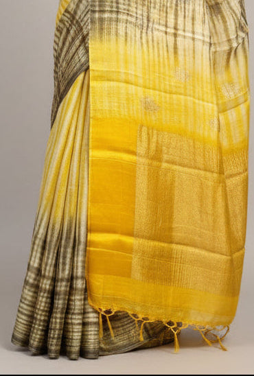 Yellow shibori print banana silk saree
