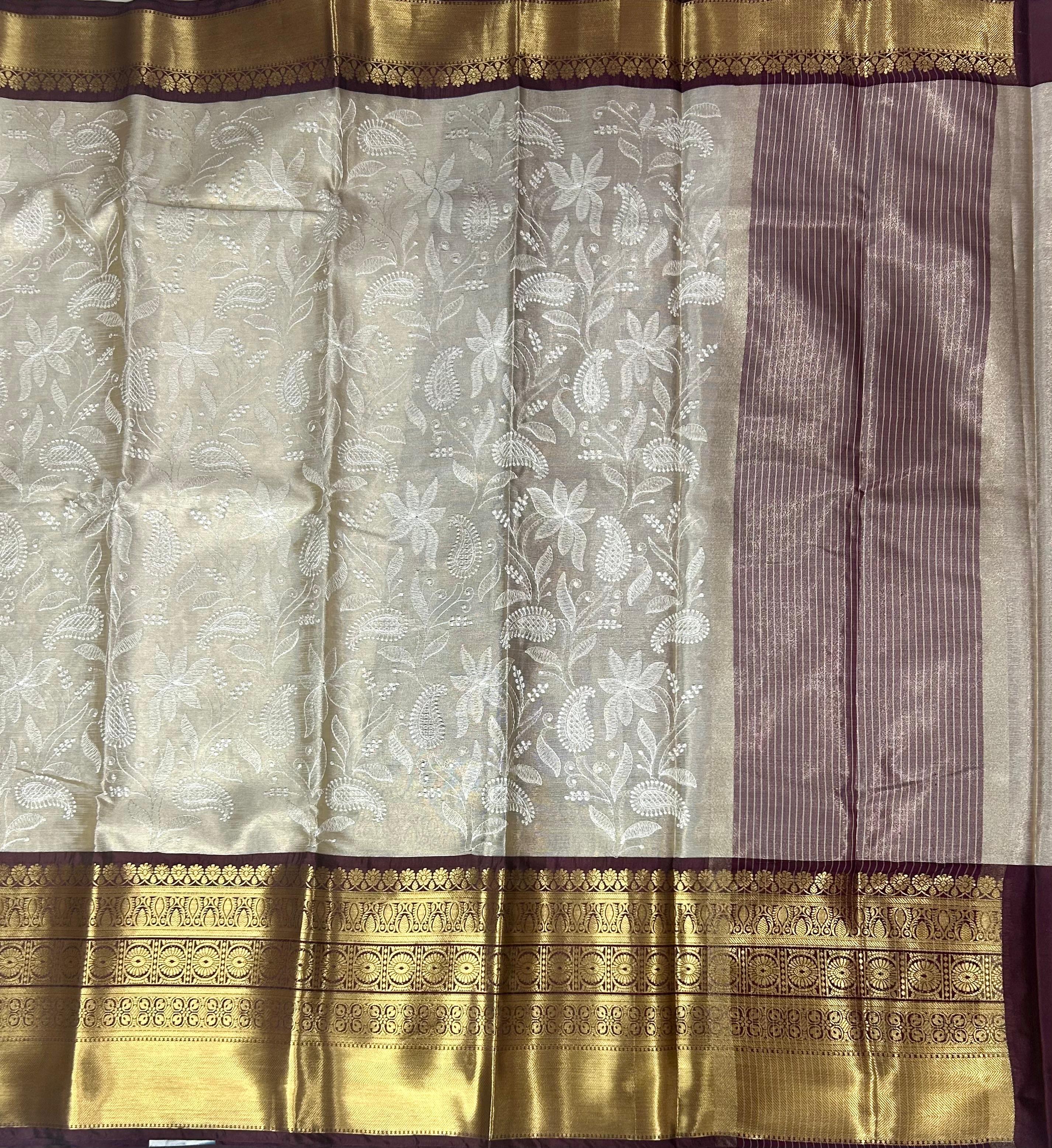 Maroon Chikankari tissue kanchi saree