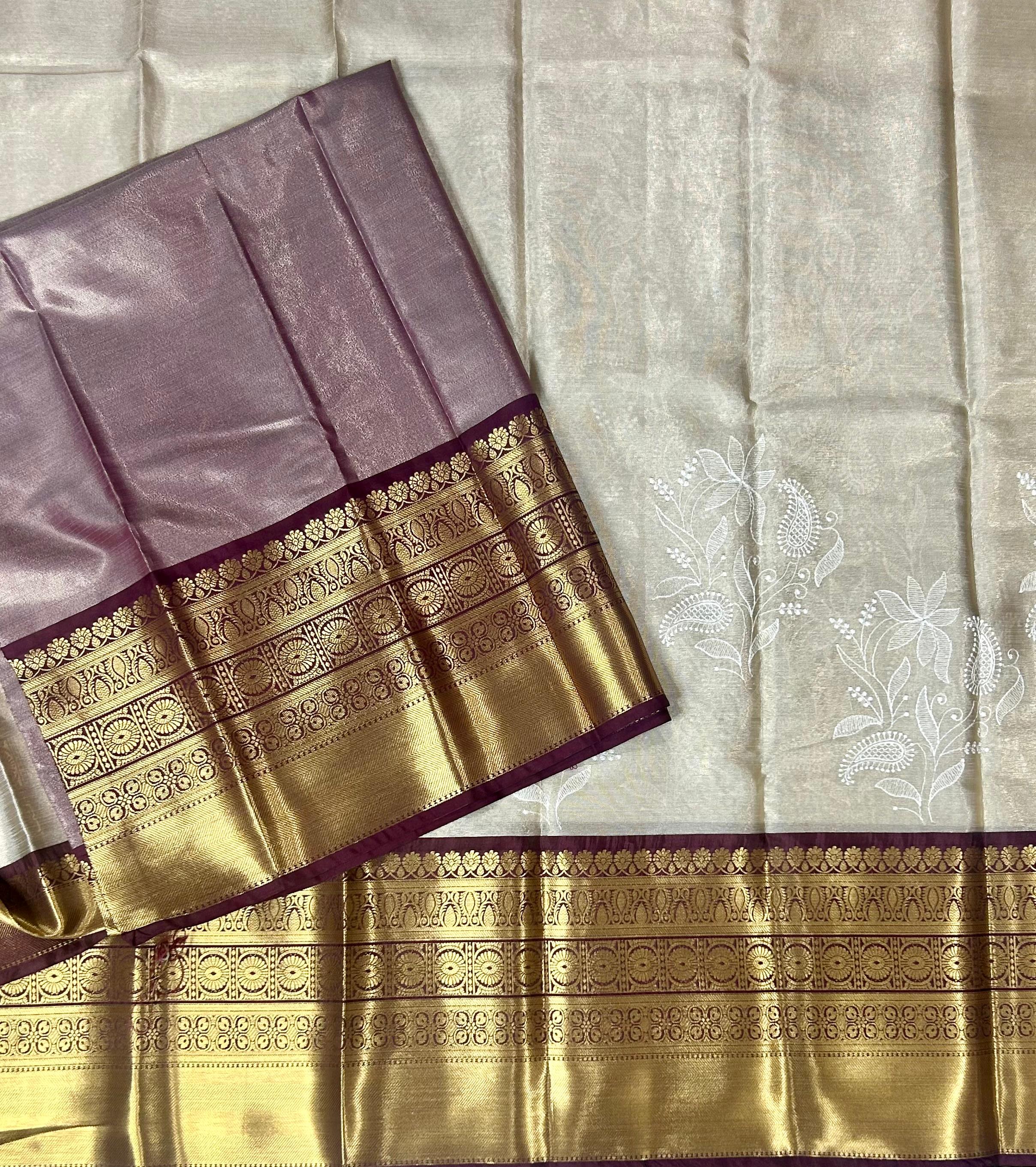 Maroon Chikankari tissue kanchi saree