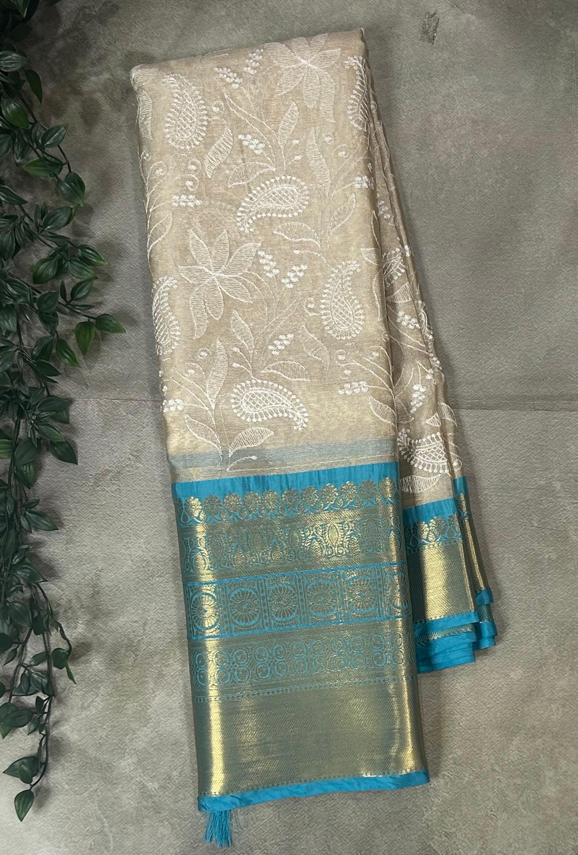 Blue Chikankari tissue kanchi saree