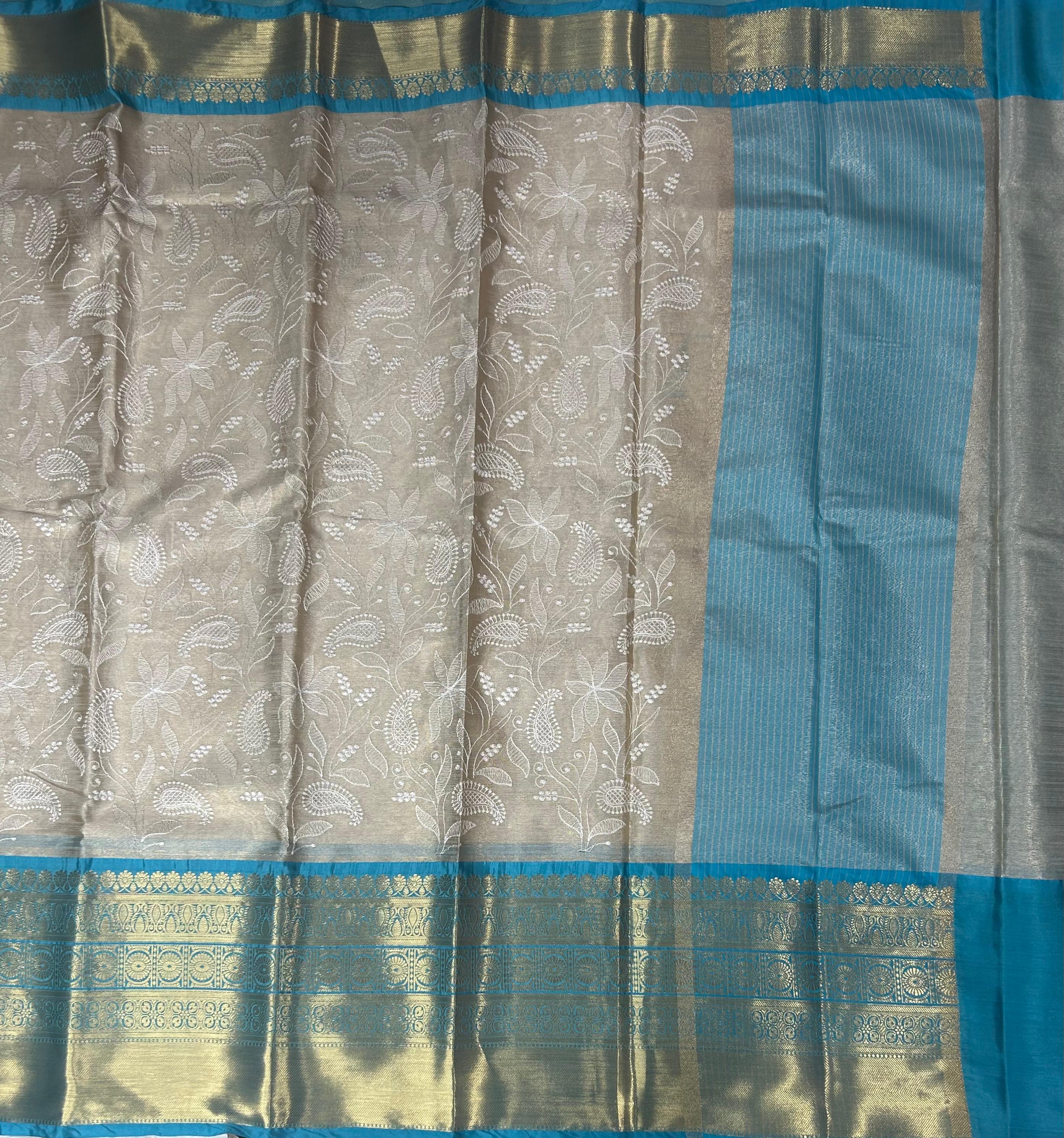 Blue Chikankari tissue kanchi saree