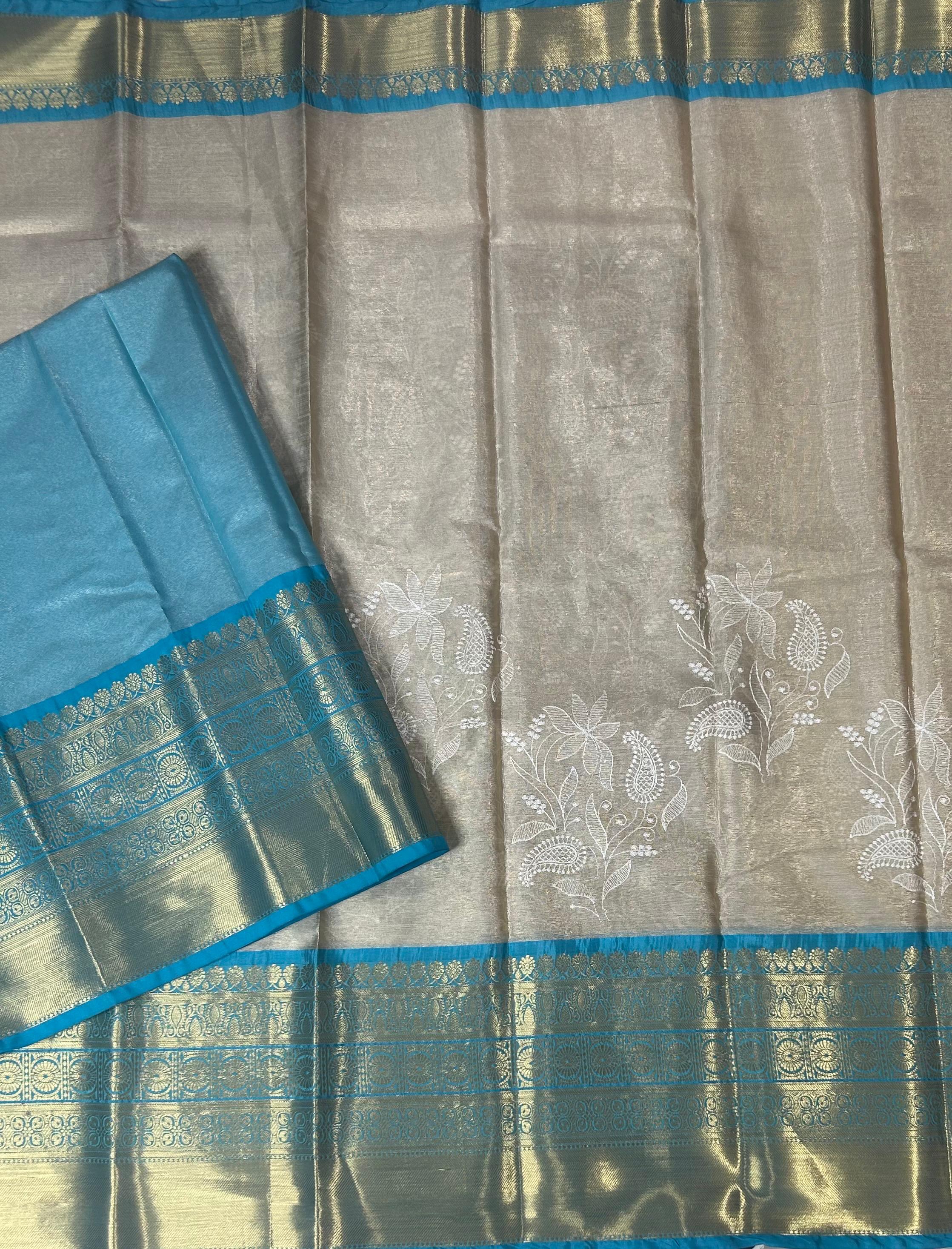 Blue Chikankari tissue kanchi saree
