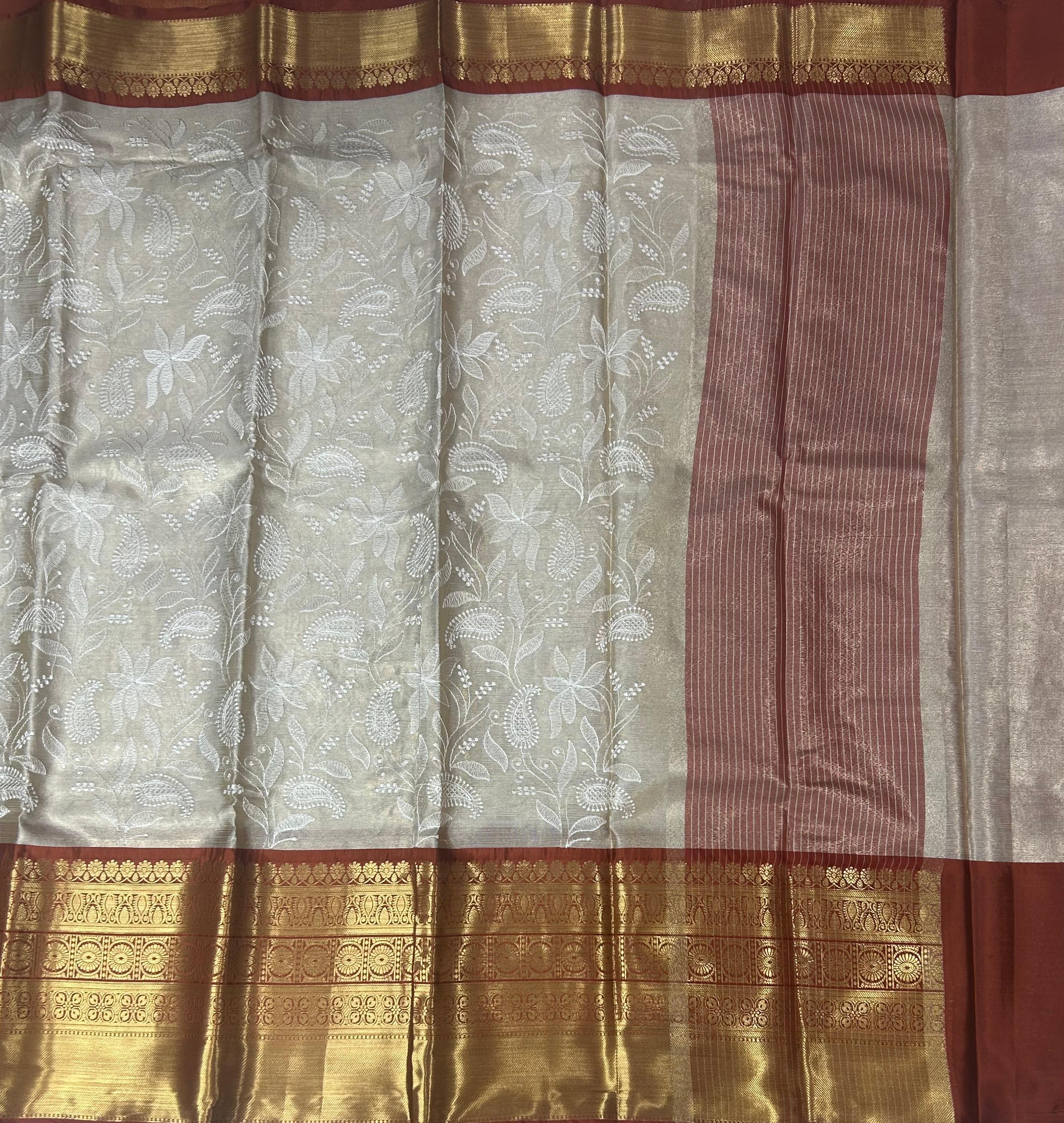 Rust orange Chikankari tissue kanchi saree