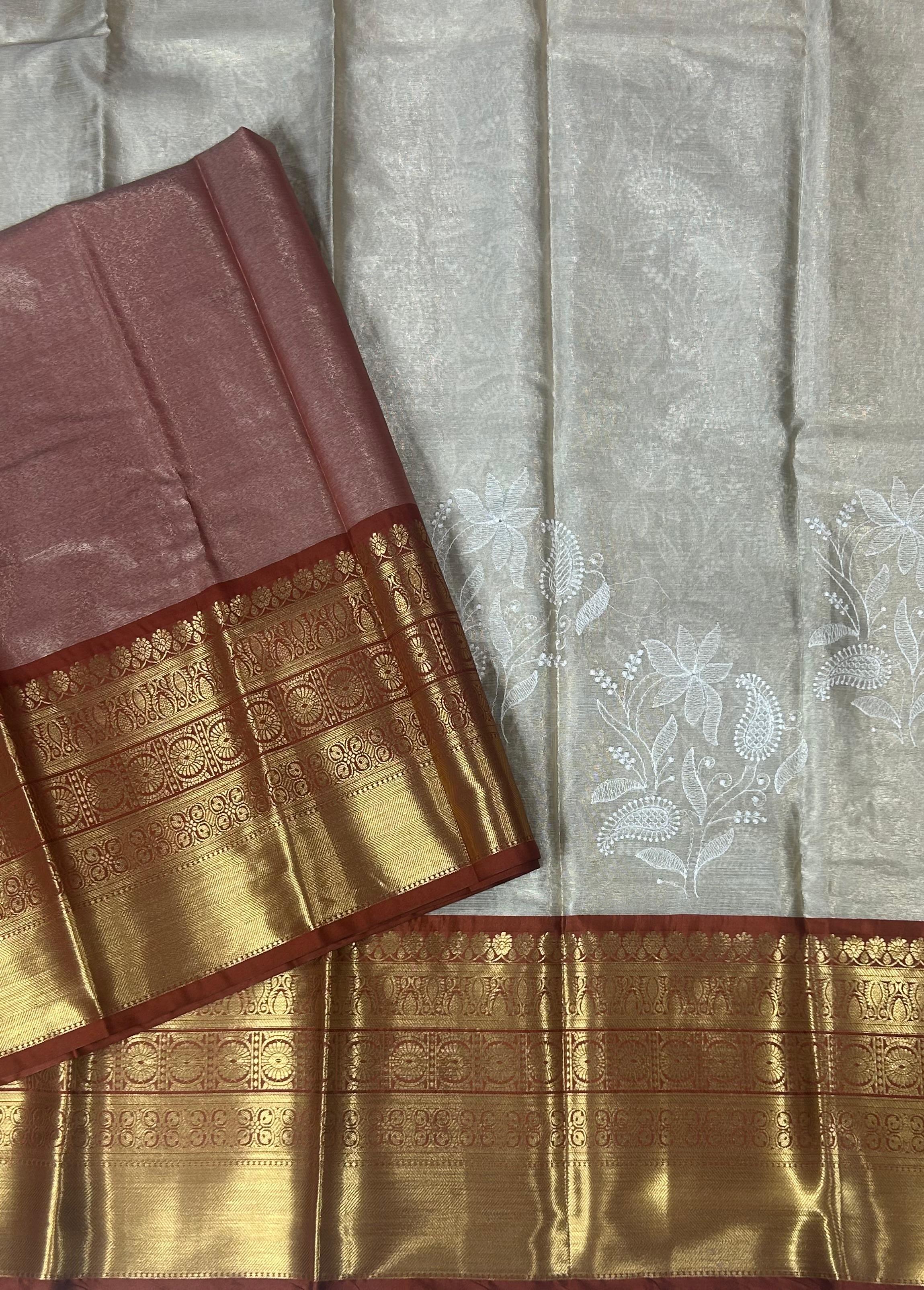 Rust orange Chikankari tissue kanchi saree