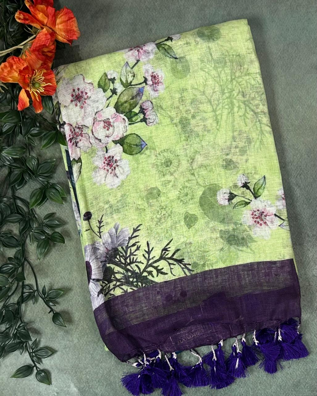 Pista green pure linen saree