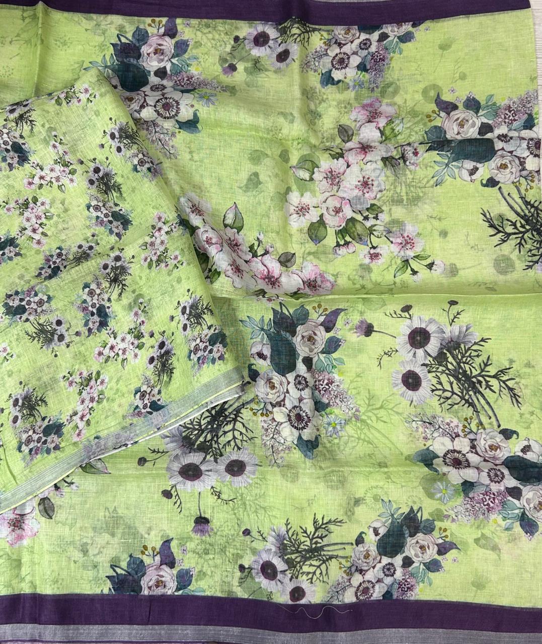 Pista green pure linen saree