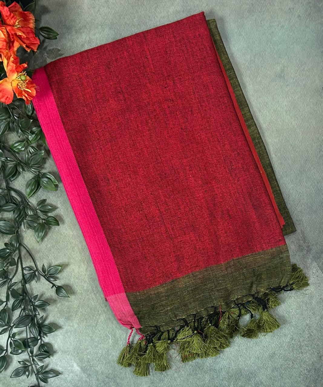 olive green pure linen saree
