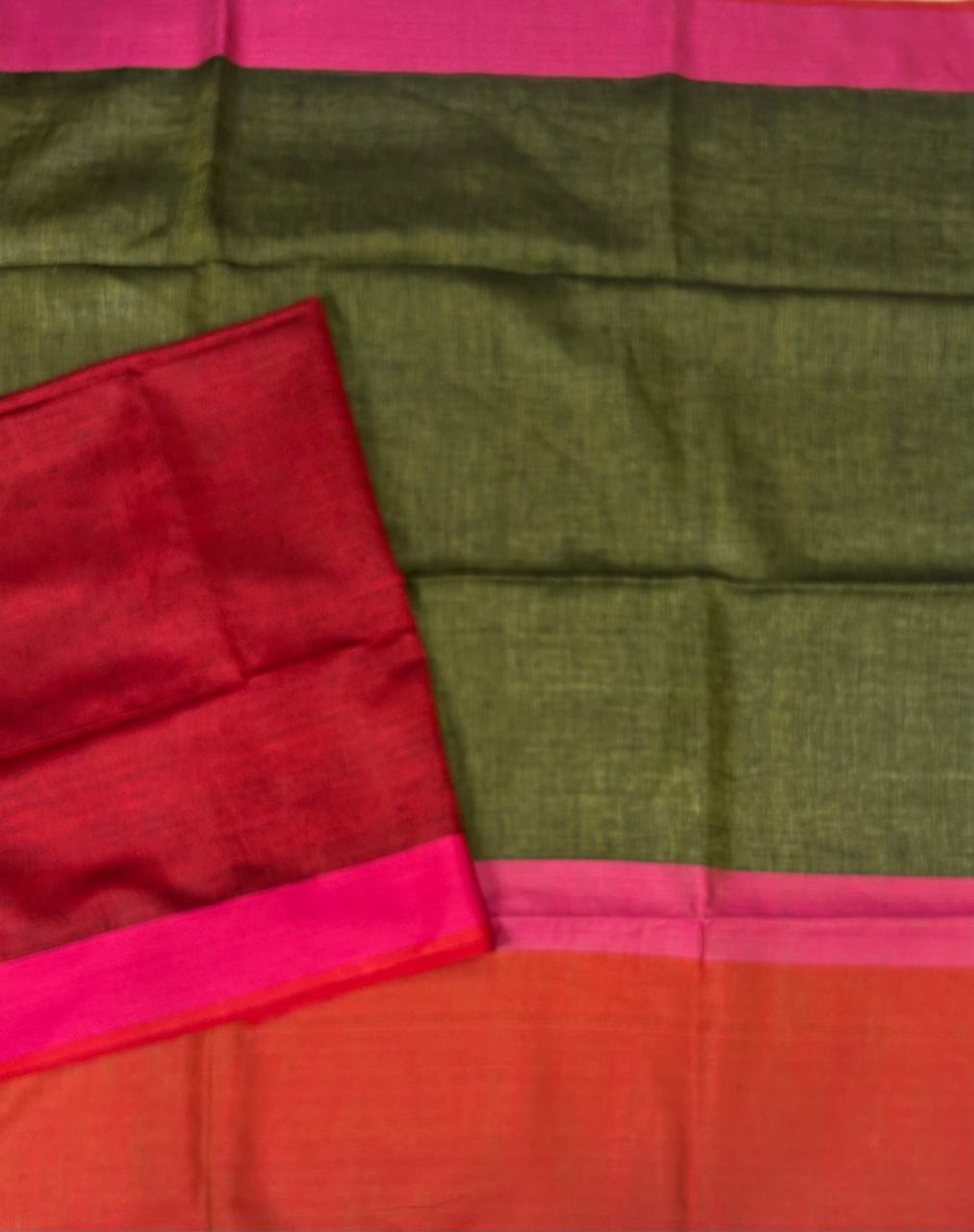 olive green pure linen saree