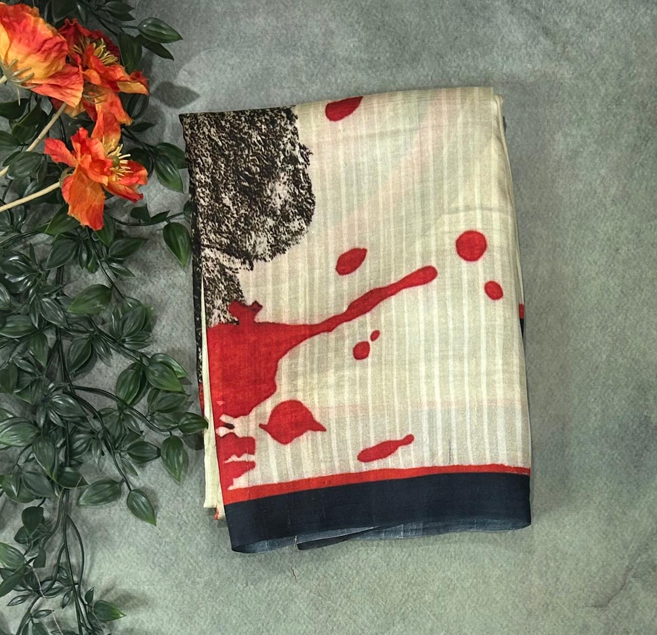 Cream pure mulberry silk digital print 12 saree