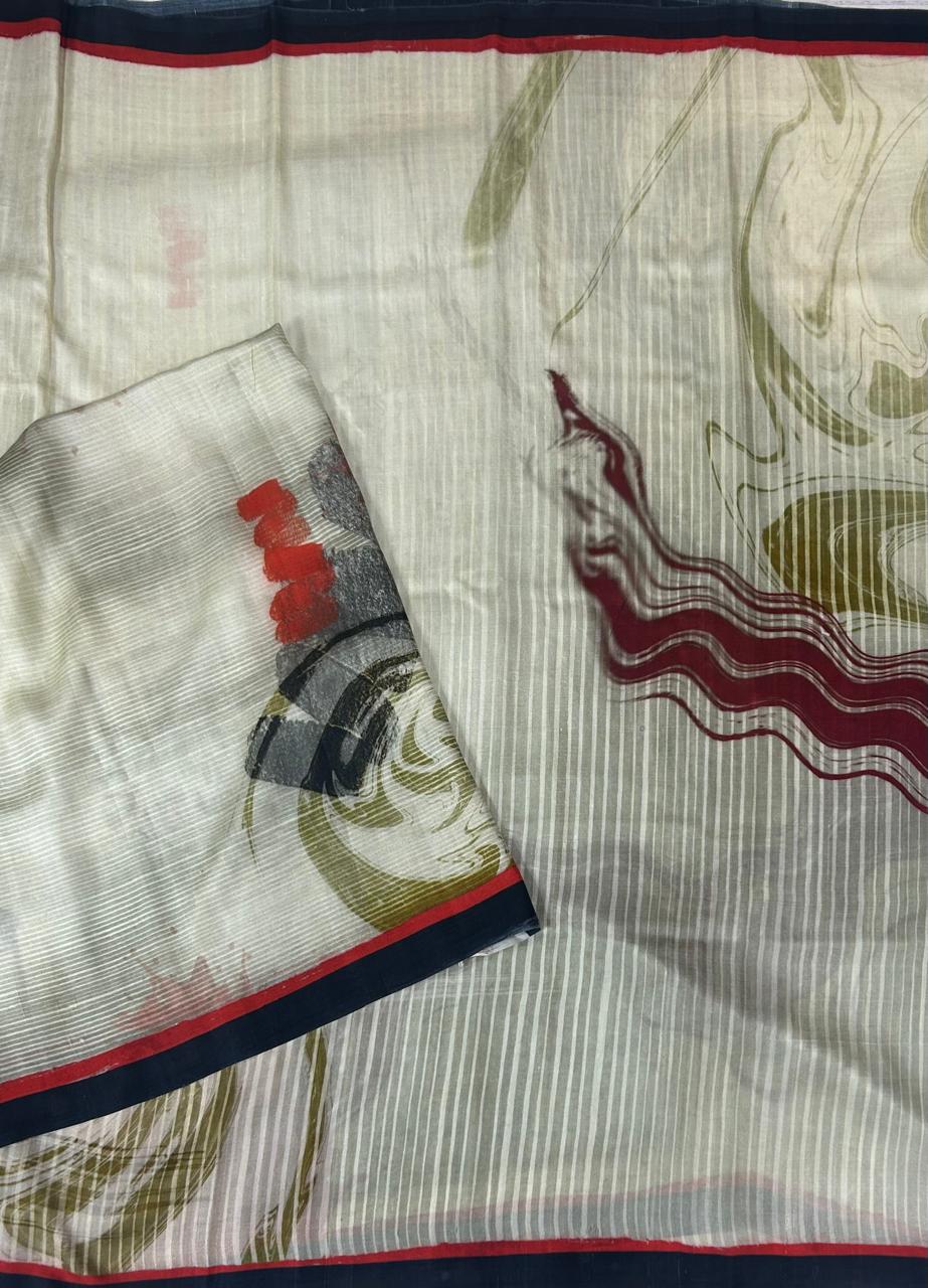 Cream pure mulberry silk digital print 12 saree