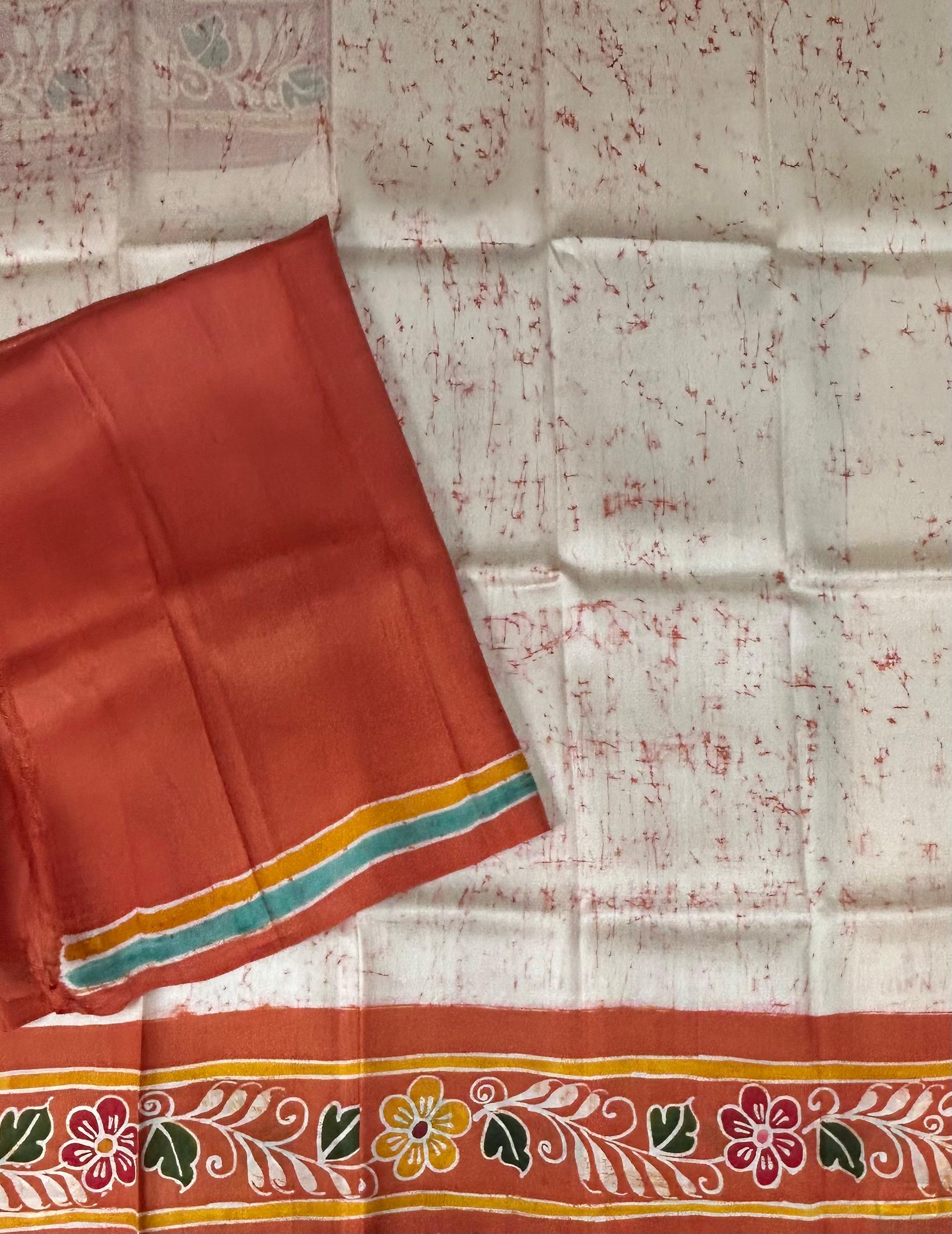 Cream n orange pure print tussar-12 saree
