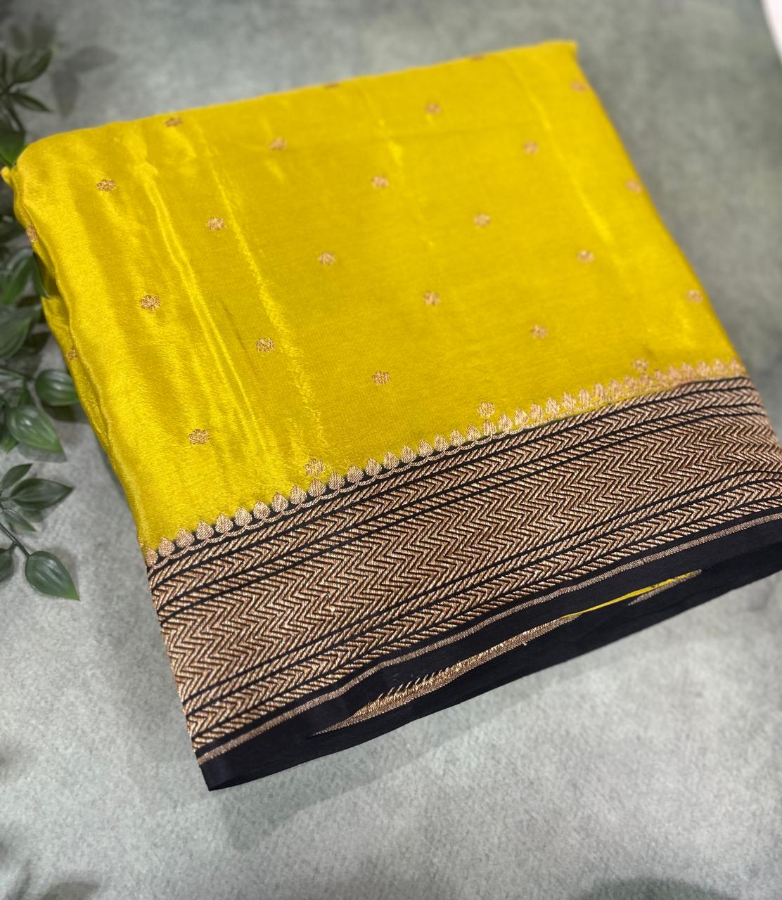 Neon green n black pure banarasi-12 crepe silk saree