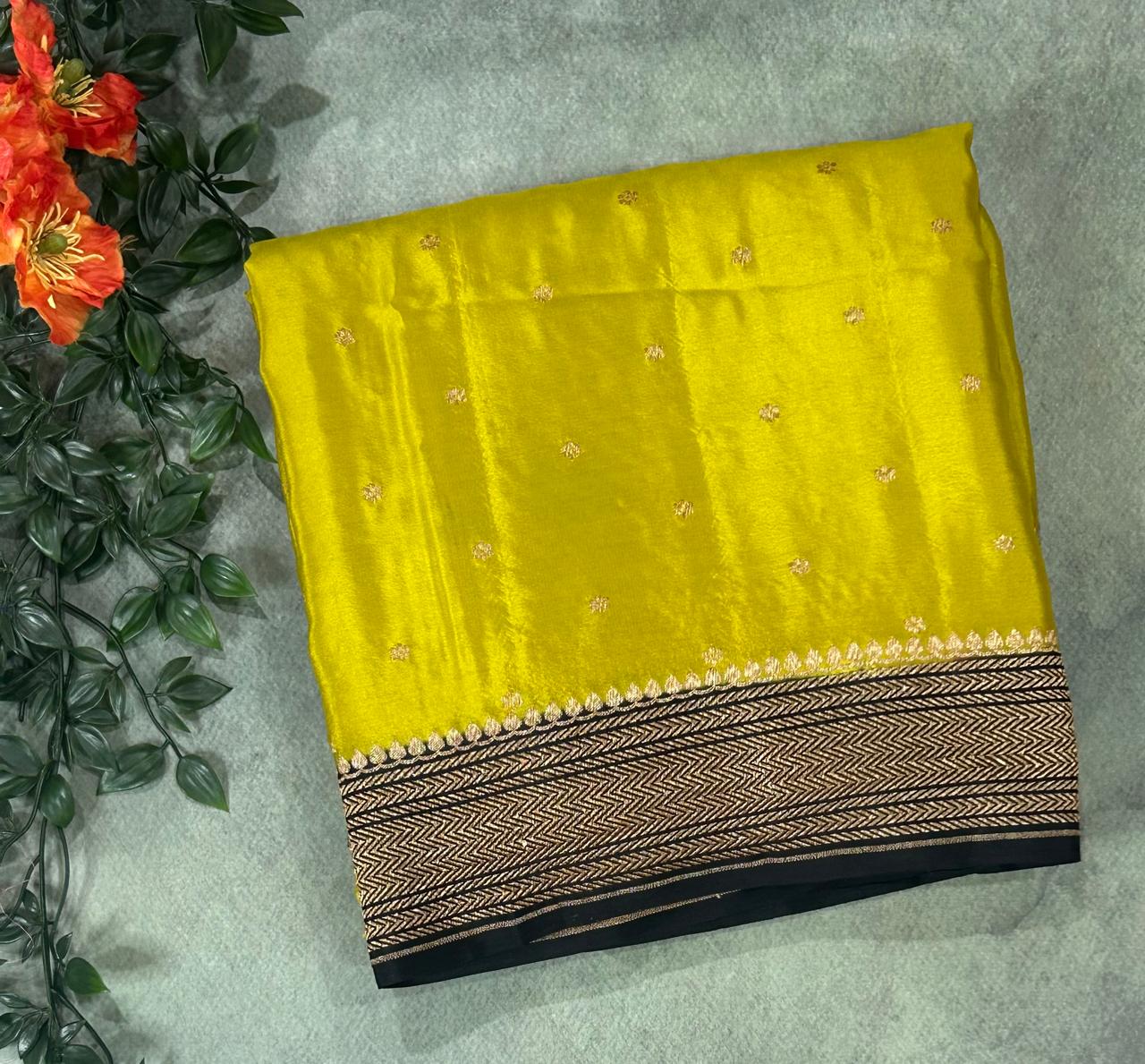 Neon green n black pure banarasi-12 crepe silk saree