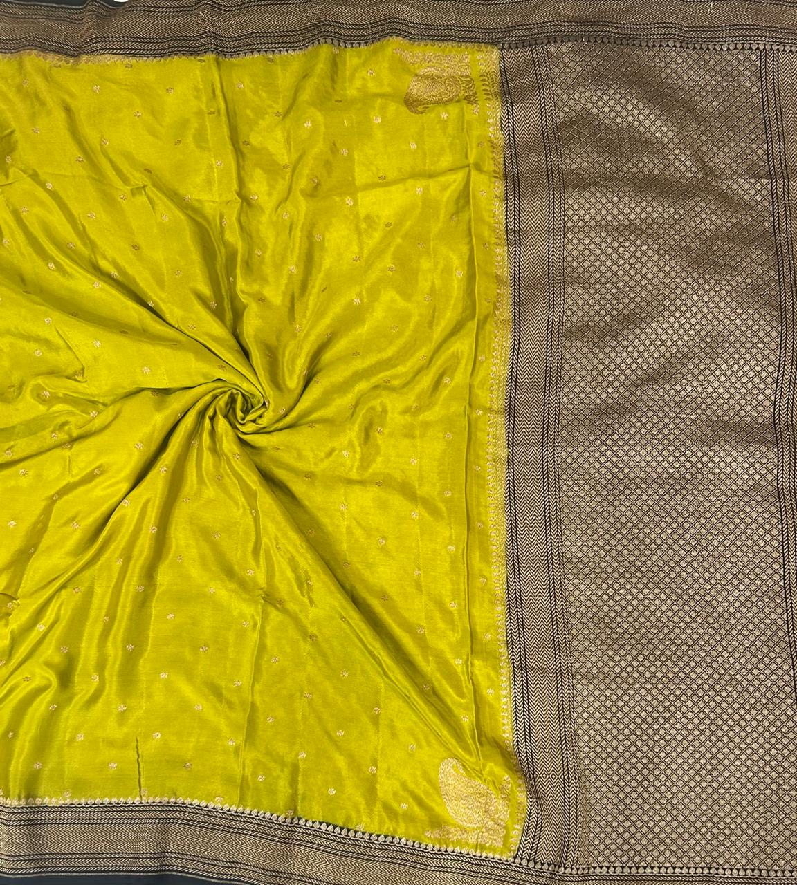 Neon green n black pure banarasi-12 crepe silk saree