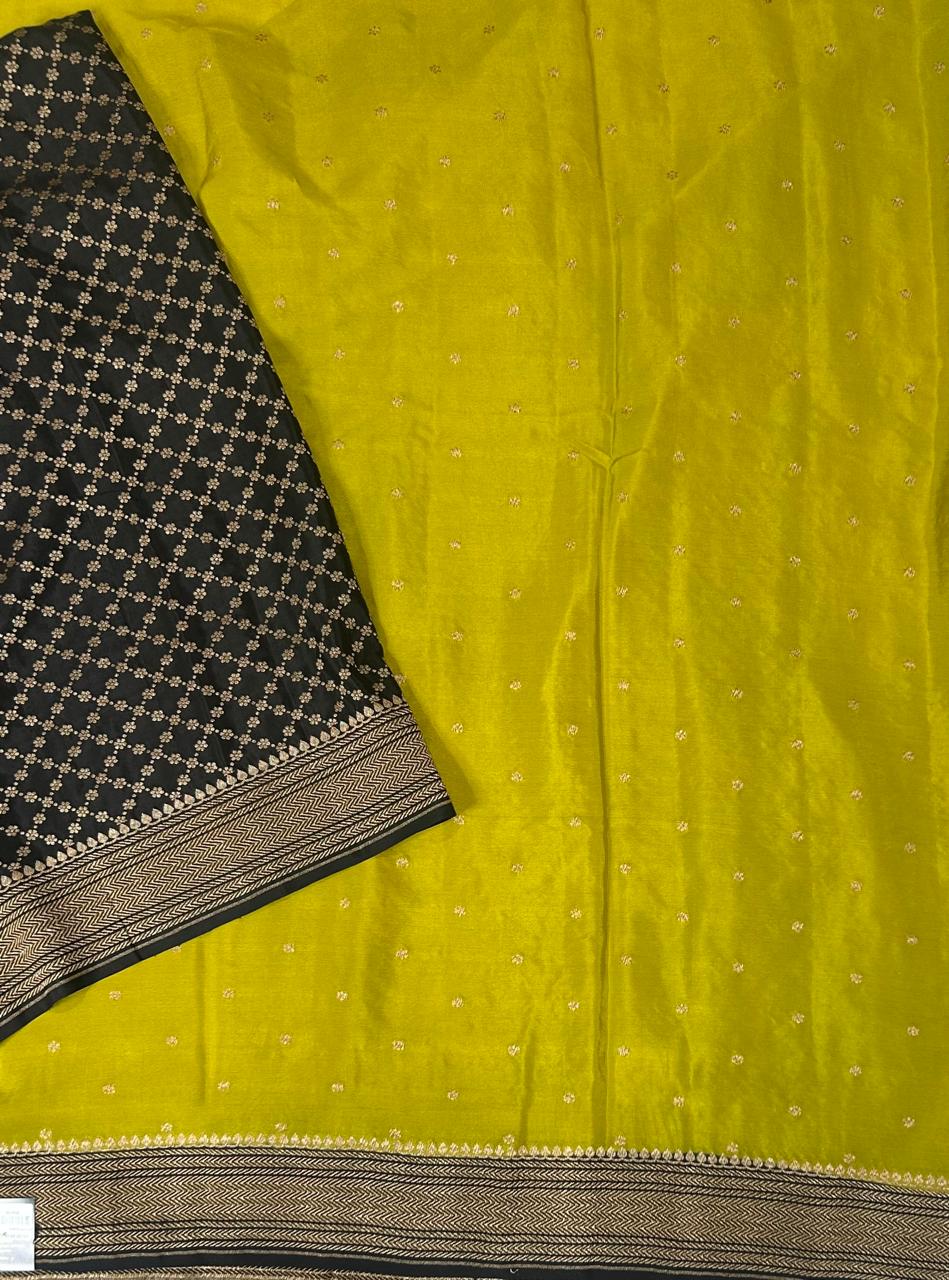 Neon green n black pure banarasi-12 crepe silk saree