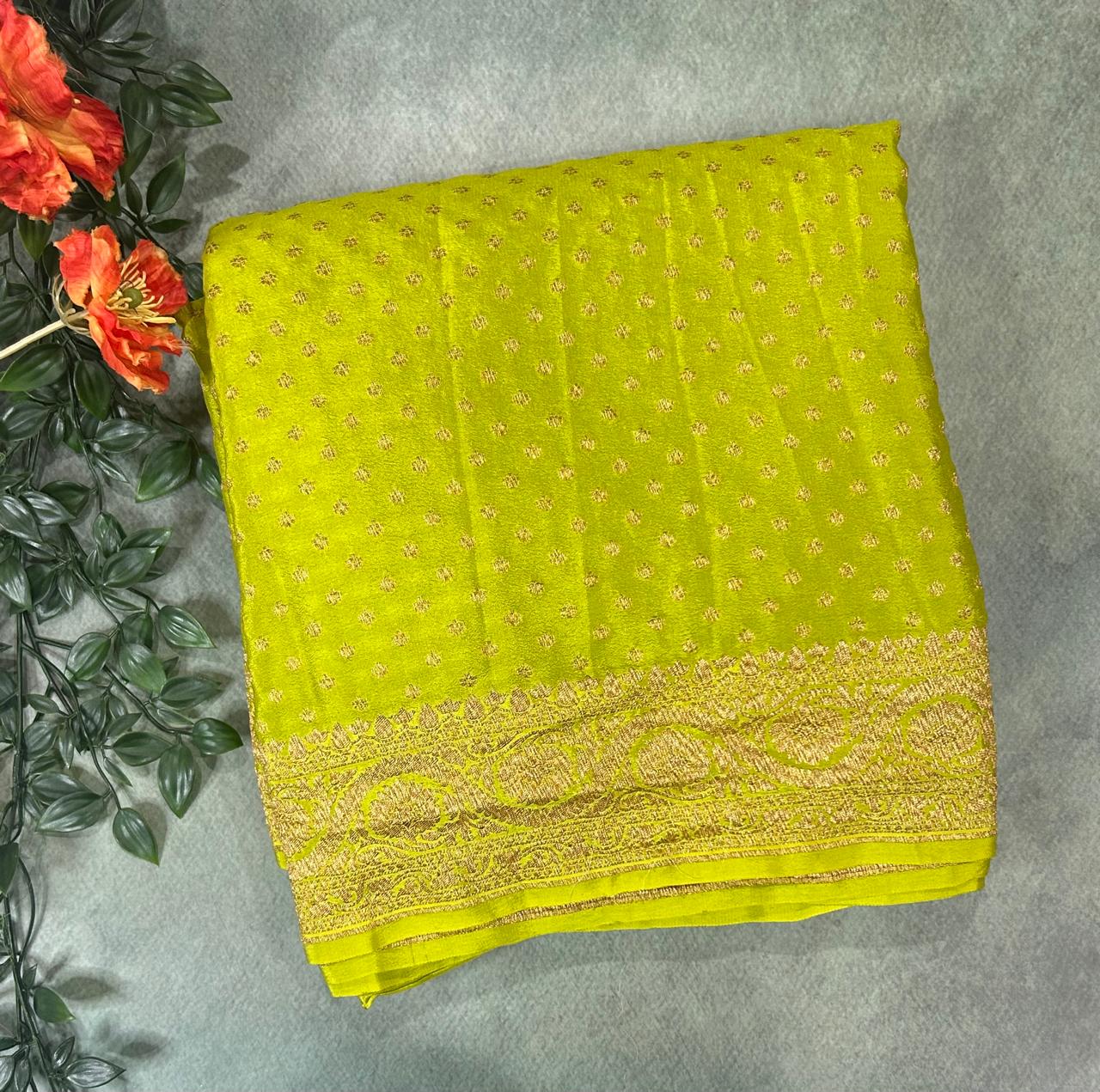 Neon green pure banarasi-12 crepe silk saree