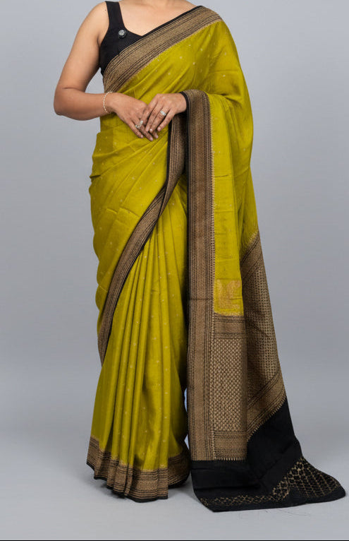 Neon green n black pure banarasi-12 crepe silk saree