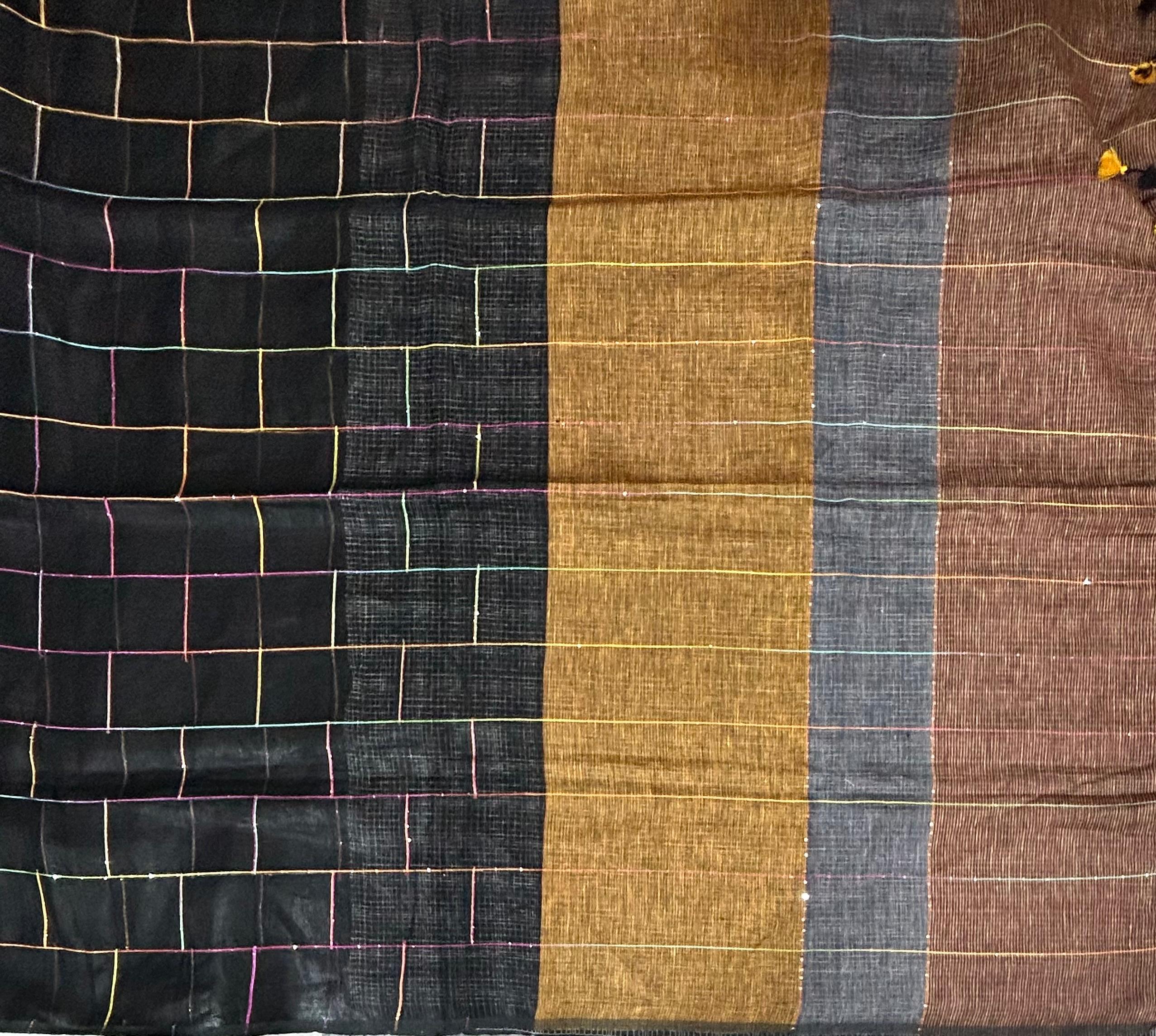 Black checks pure linen saree