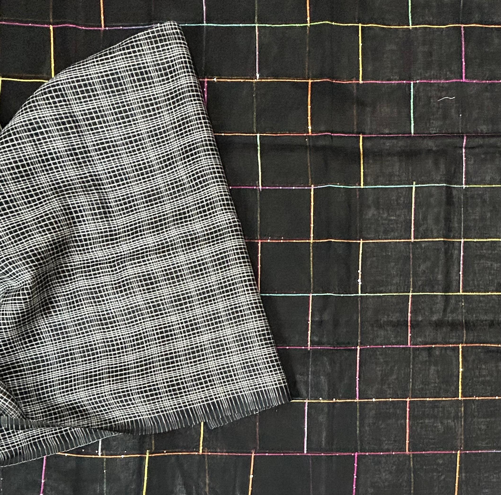 Black checks pure linen saree