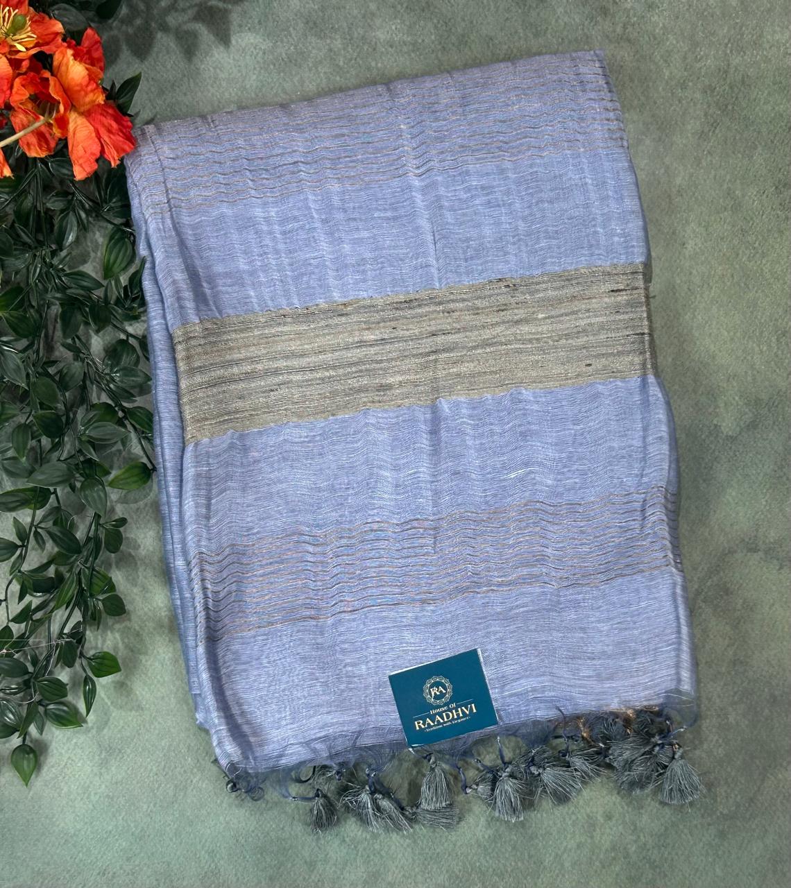 Pastel blue pure linen saree