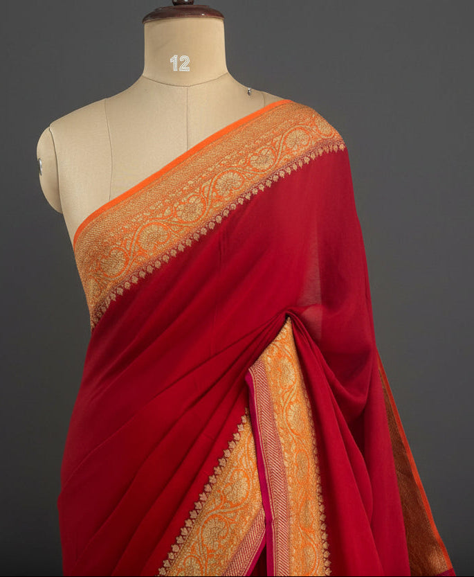 Red n orange partly pallu Pure benarasi-12 saree