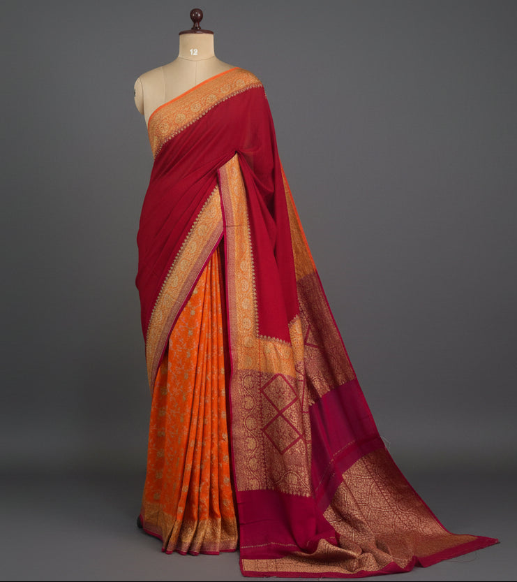 Red n orange partly pallu Pure benarasi-12 saree