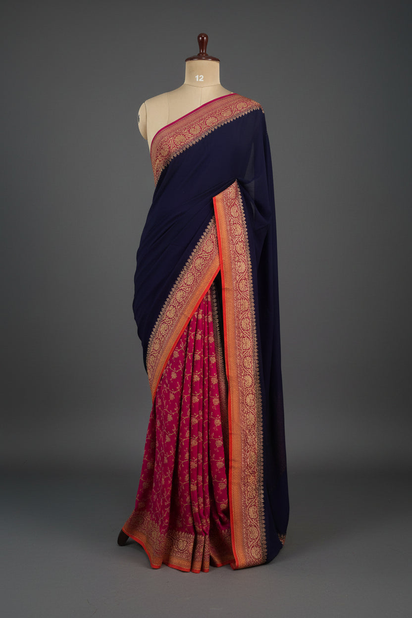 Navy blue n pink partly pallu Pure benarasi-12 saree