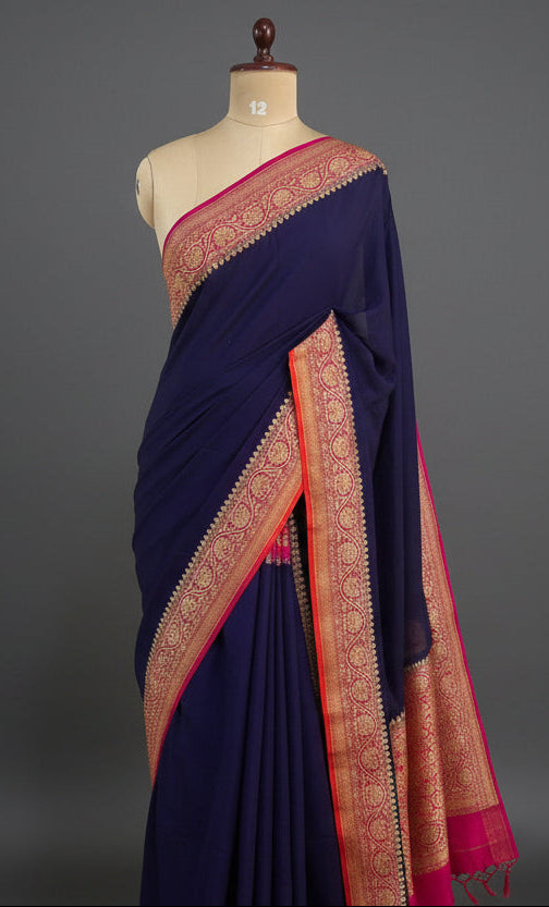 Navy blue n pink partly pallu Pure benarasi-12 saree