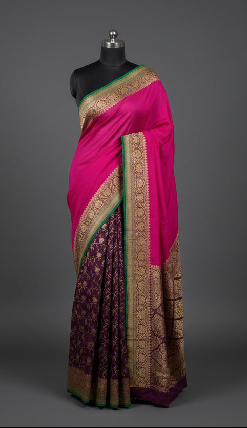 Megenta n wine partly pallu Pure benarasi-12 saree