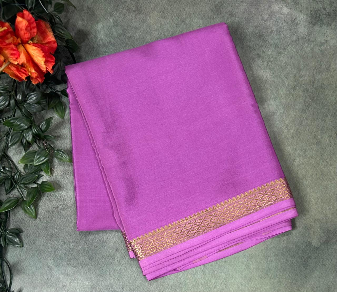 onion pink plain one inch pure mysore silk-12 saree