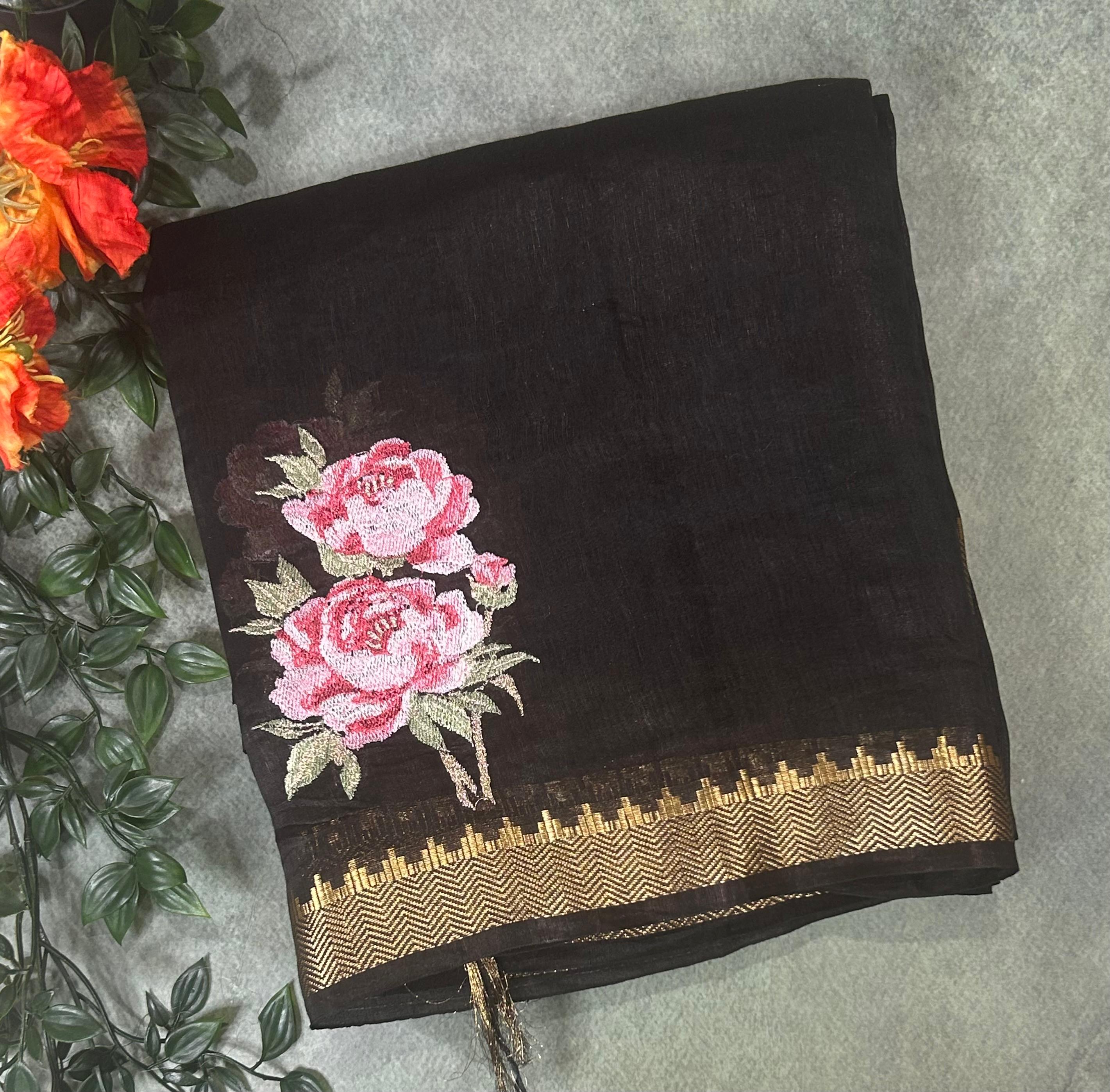 Black pure linen tussar-101 saree