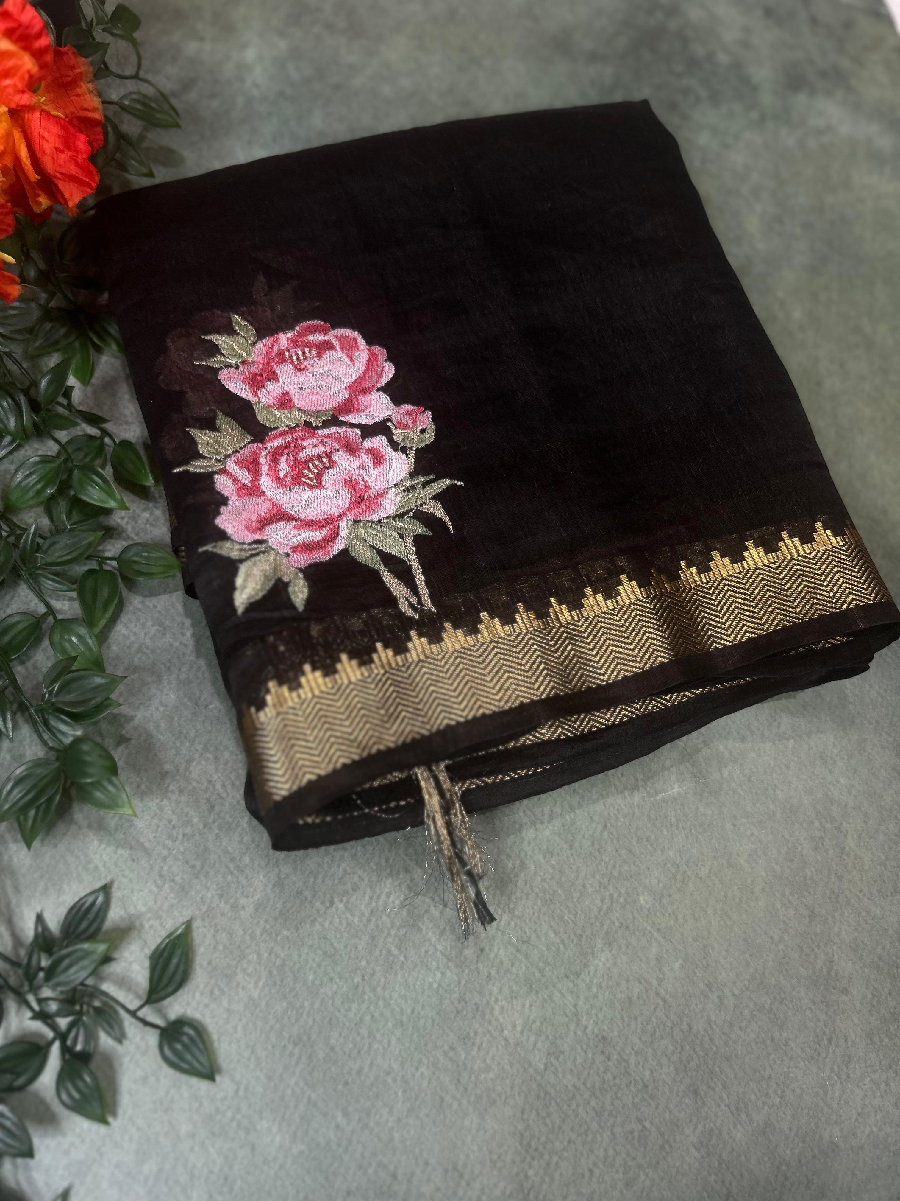 Black pure linen tussar-101 saree