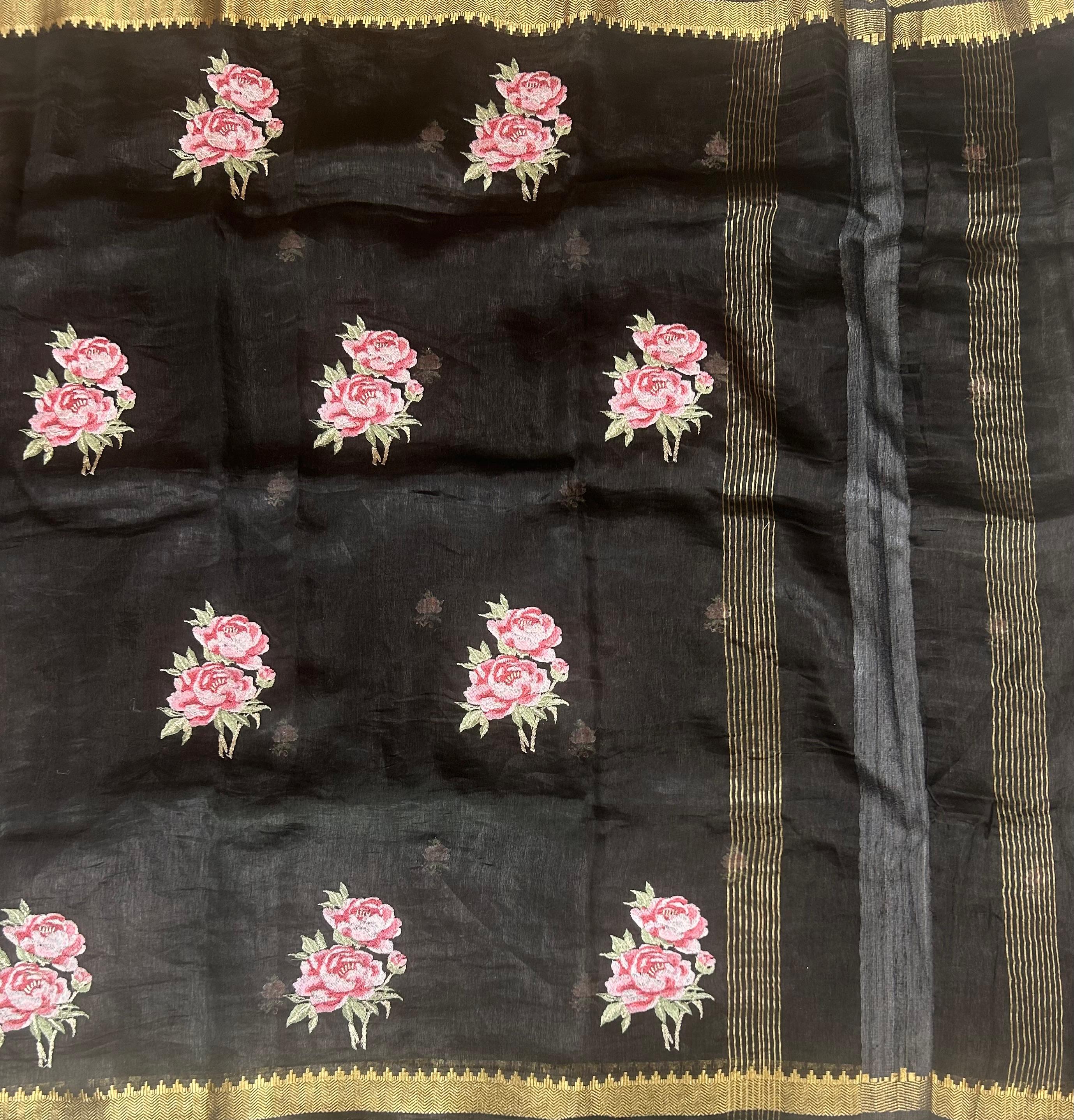 Black pure linen tussar-101 saree
