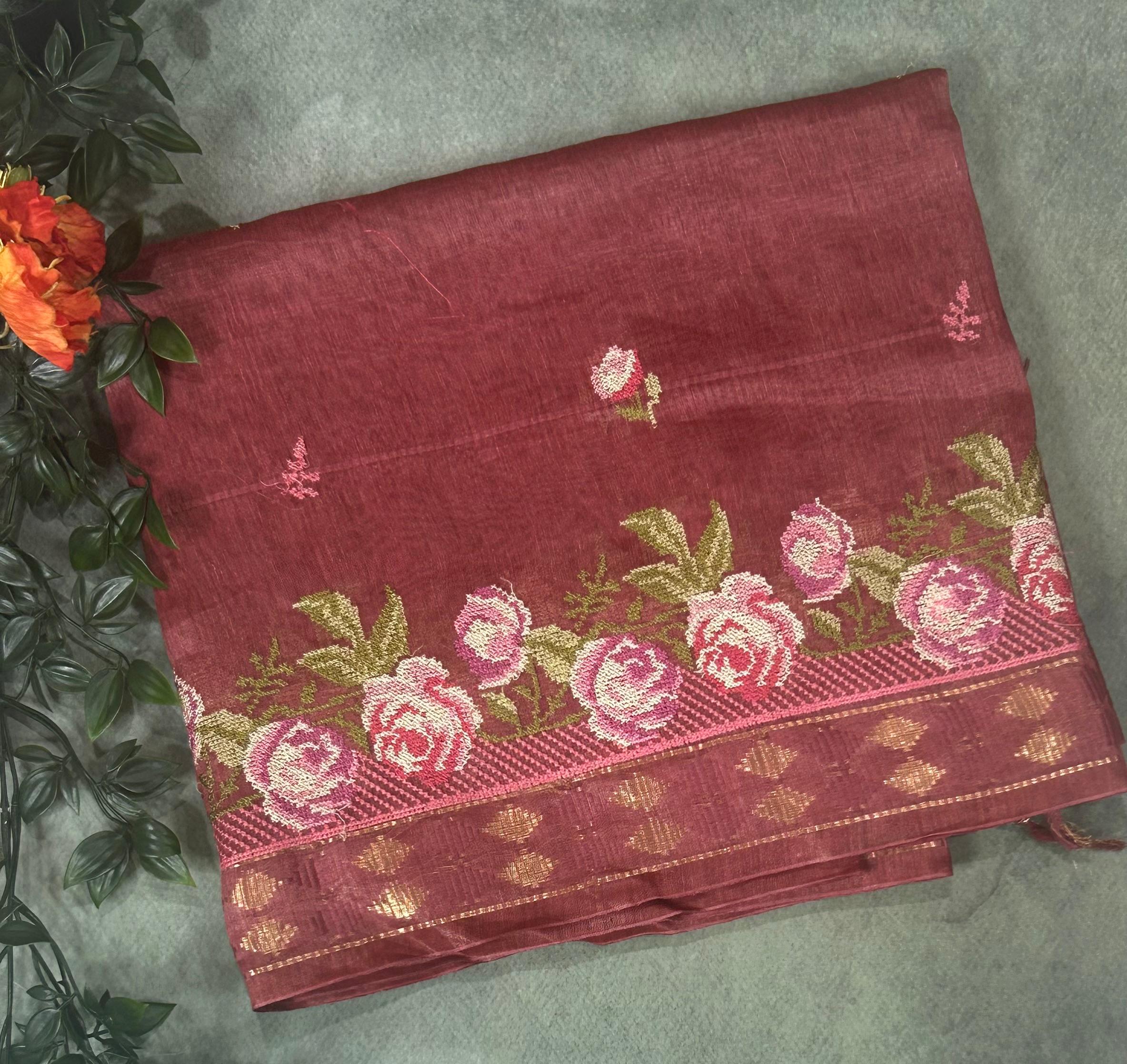 Reddish pure linen tussar-101 saree