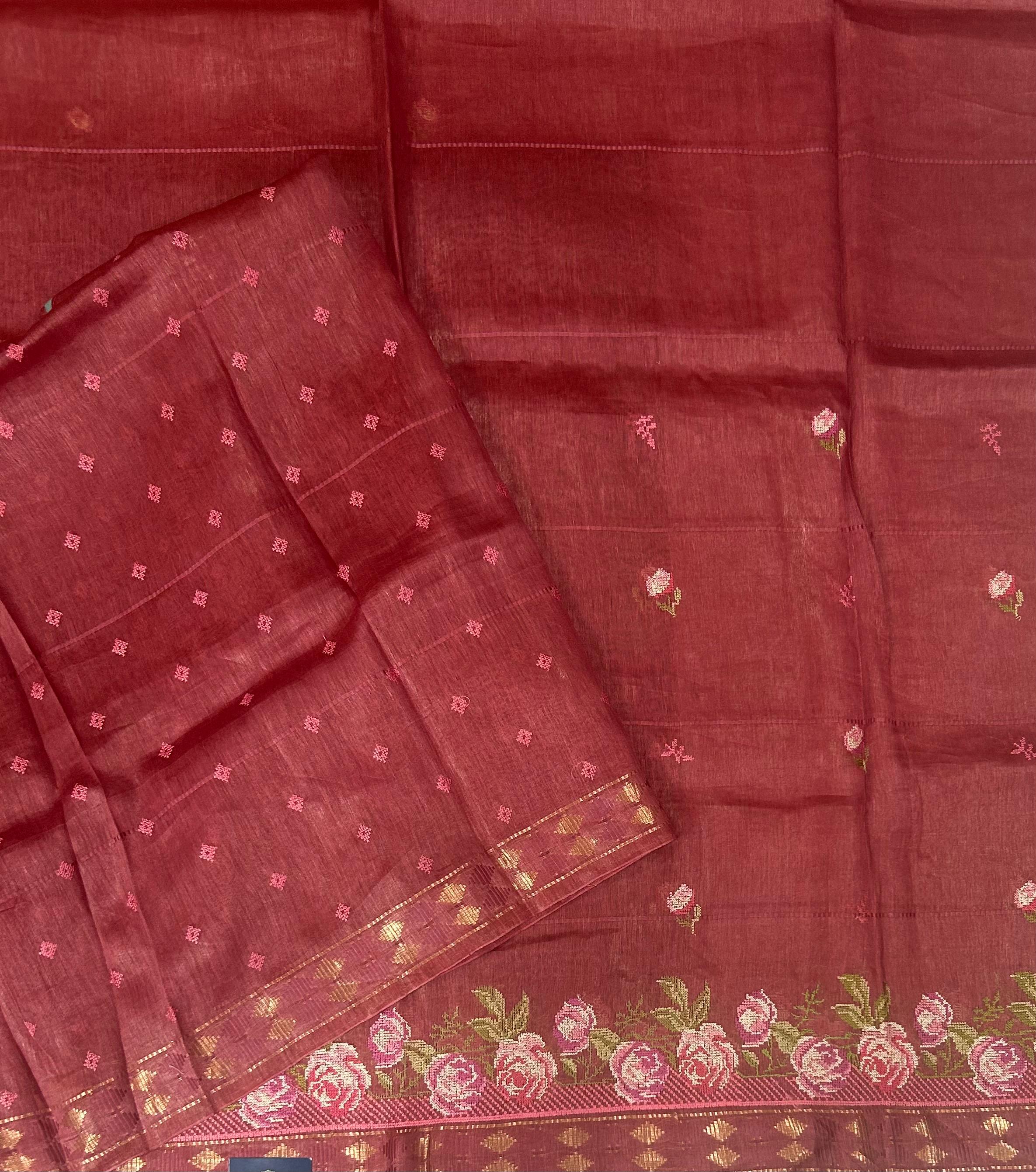Reddish pure linen tussar-101 saree