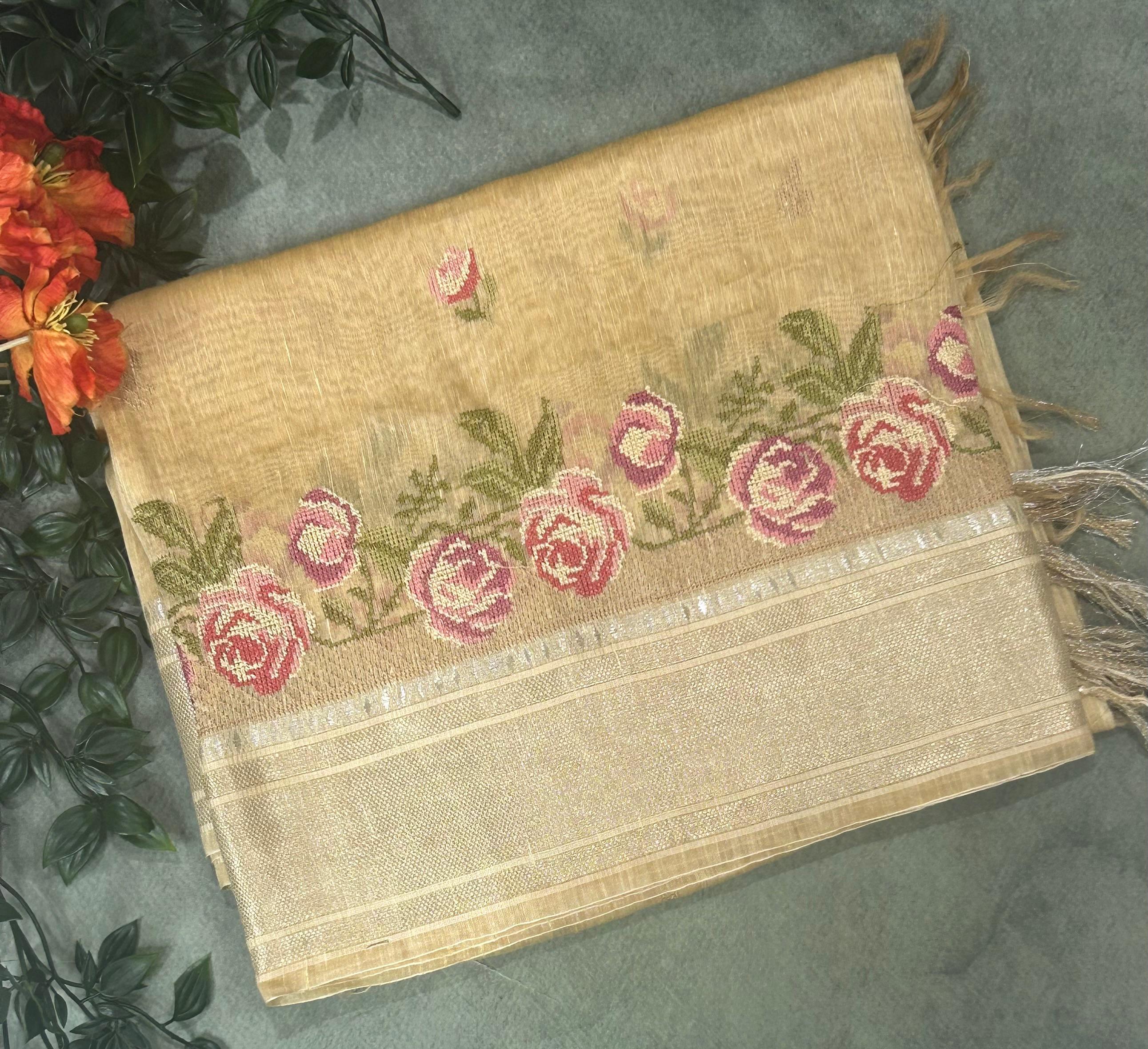 Golden cream pure linen tussar-101 saree