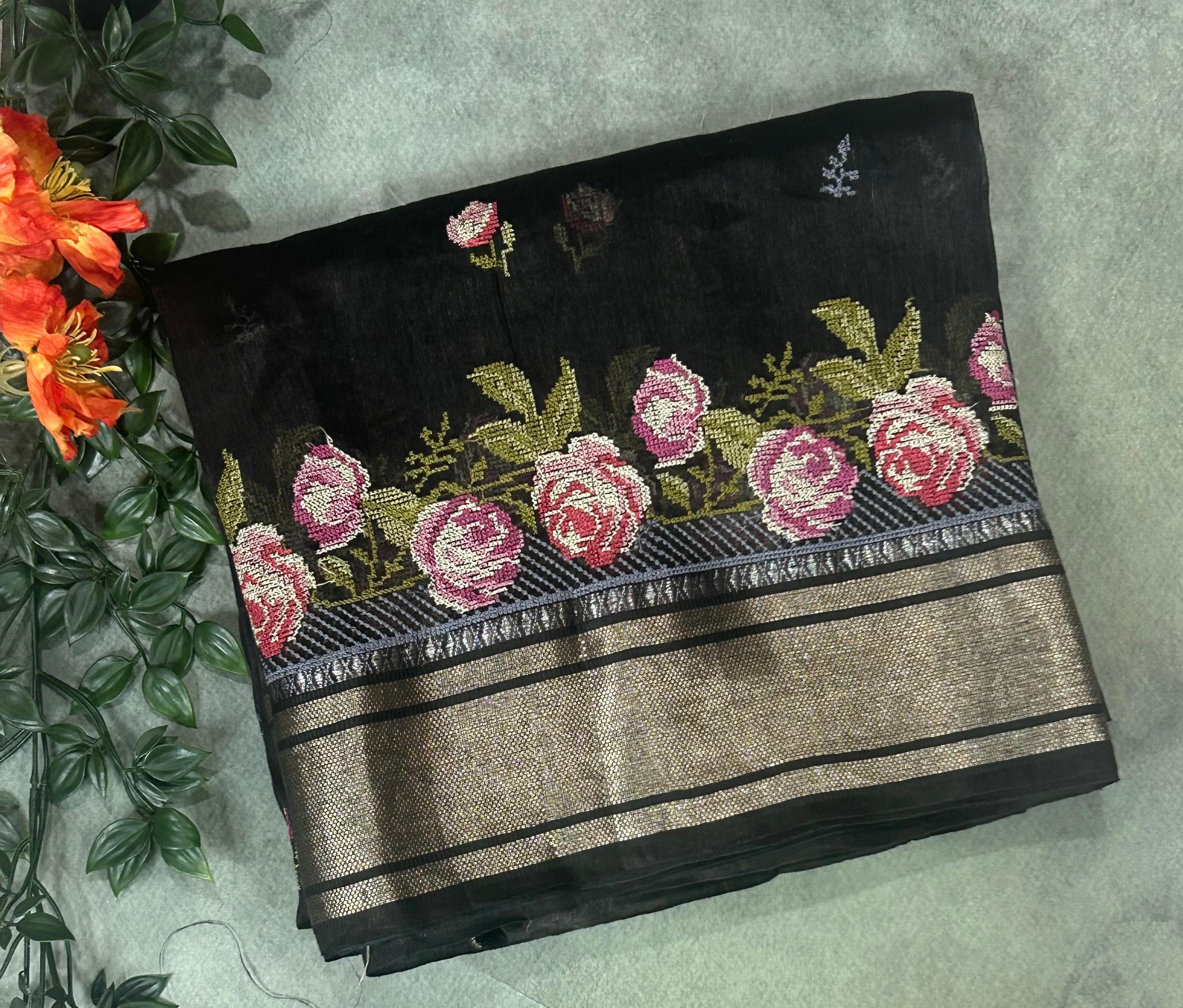Black pure linen tussar-101 saree