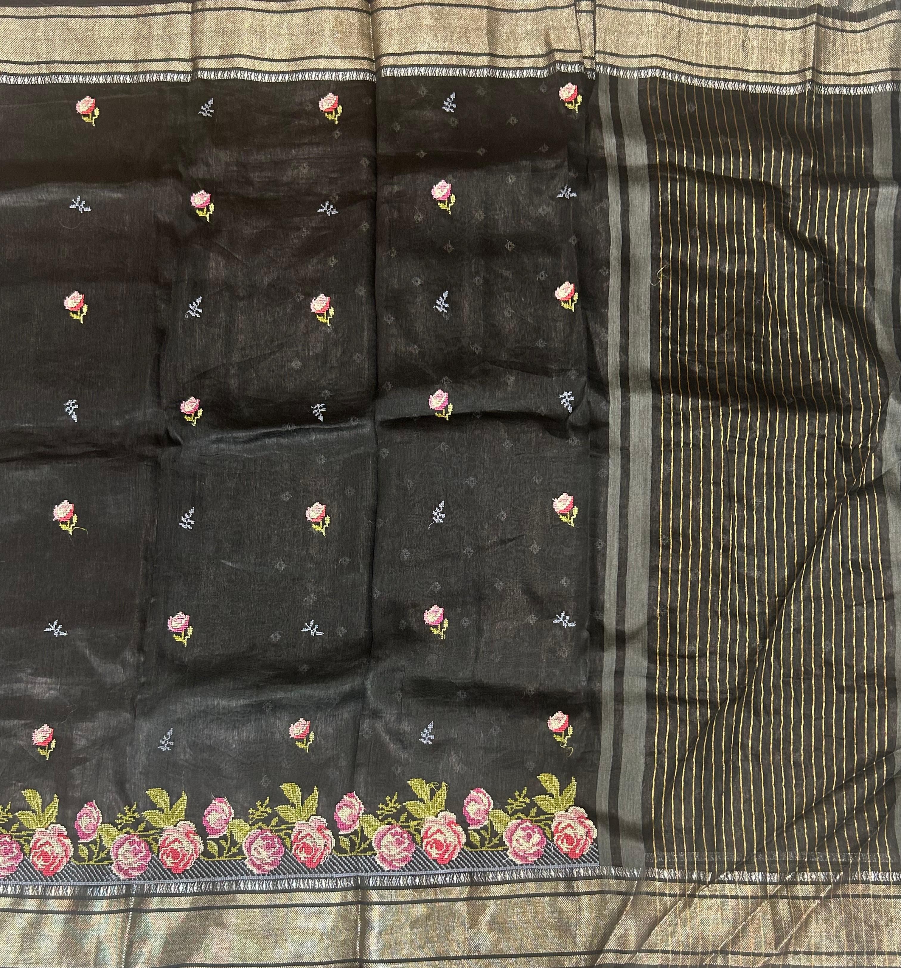 Black pure linen tussar-101 saree