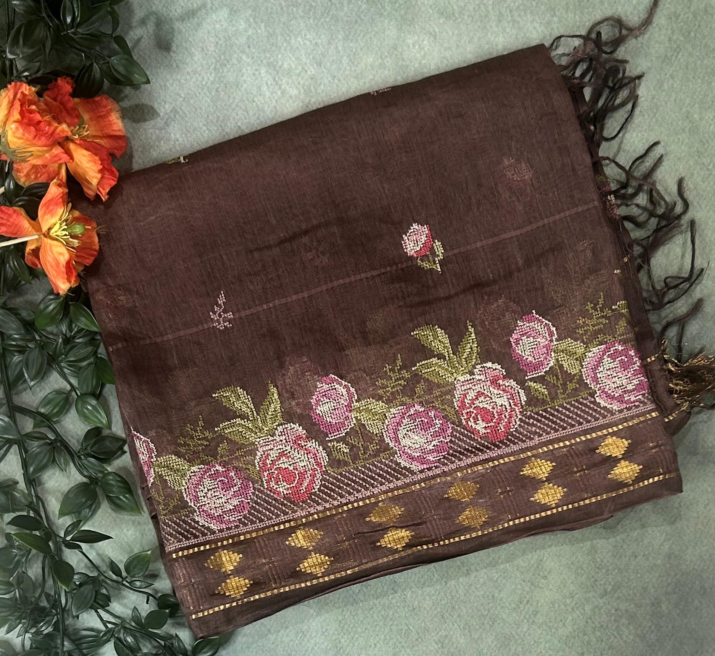 Light brown pure linen tussar-101 saree