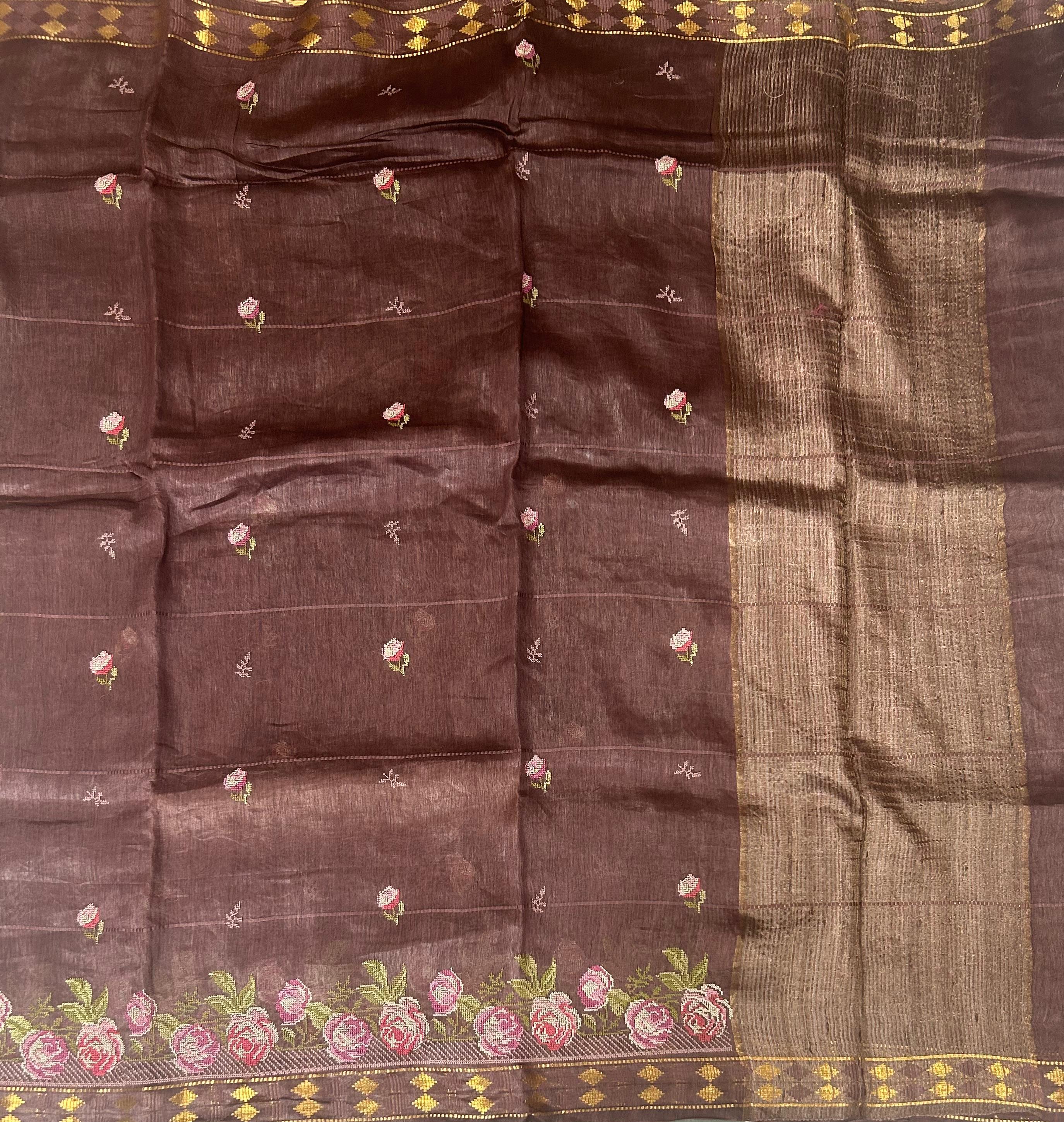 Light brown pure linen tussar-101 saree