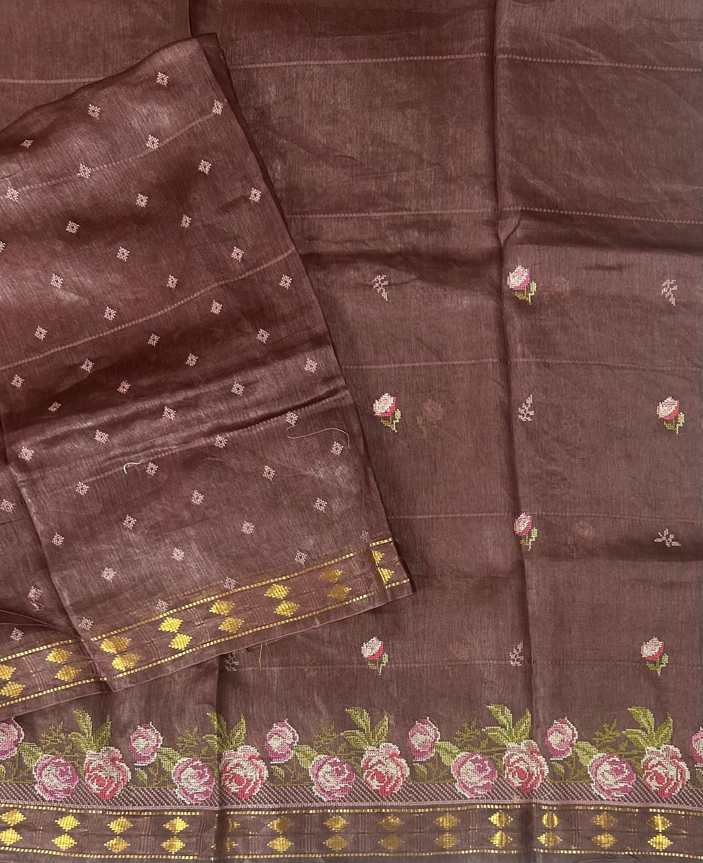 Light brown pure linen tussar-101 saree