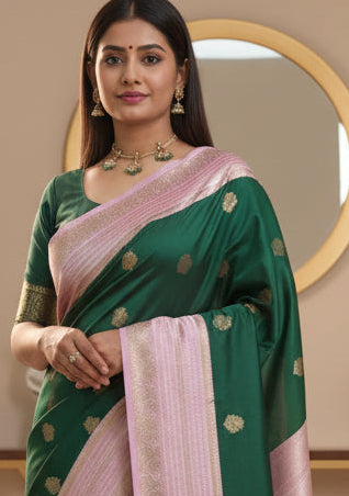 Bottle green n pink soft silk 05 saree