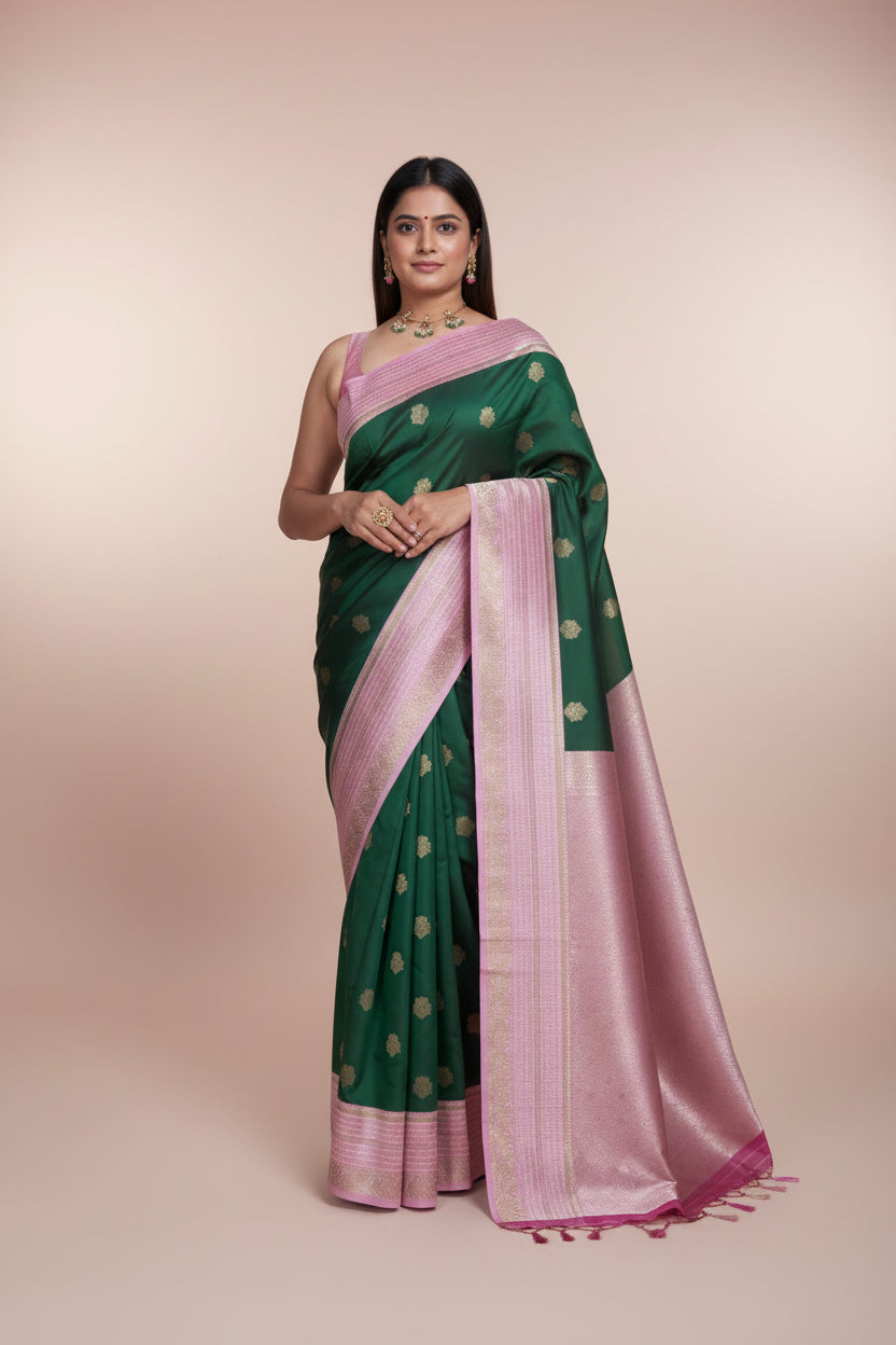 Bottle green n pink soft silk 05 saree