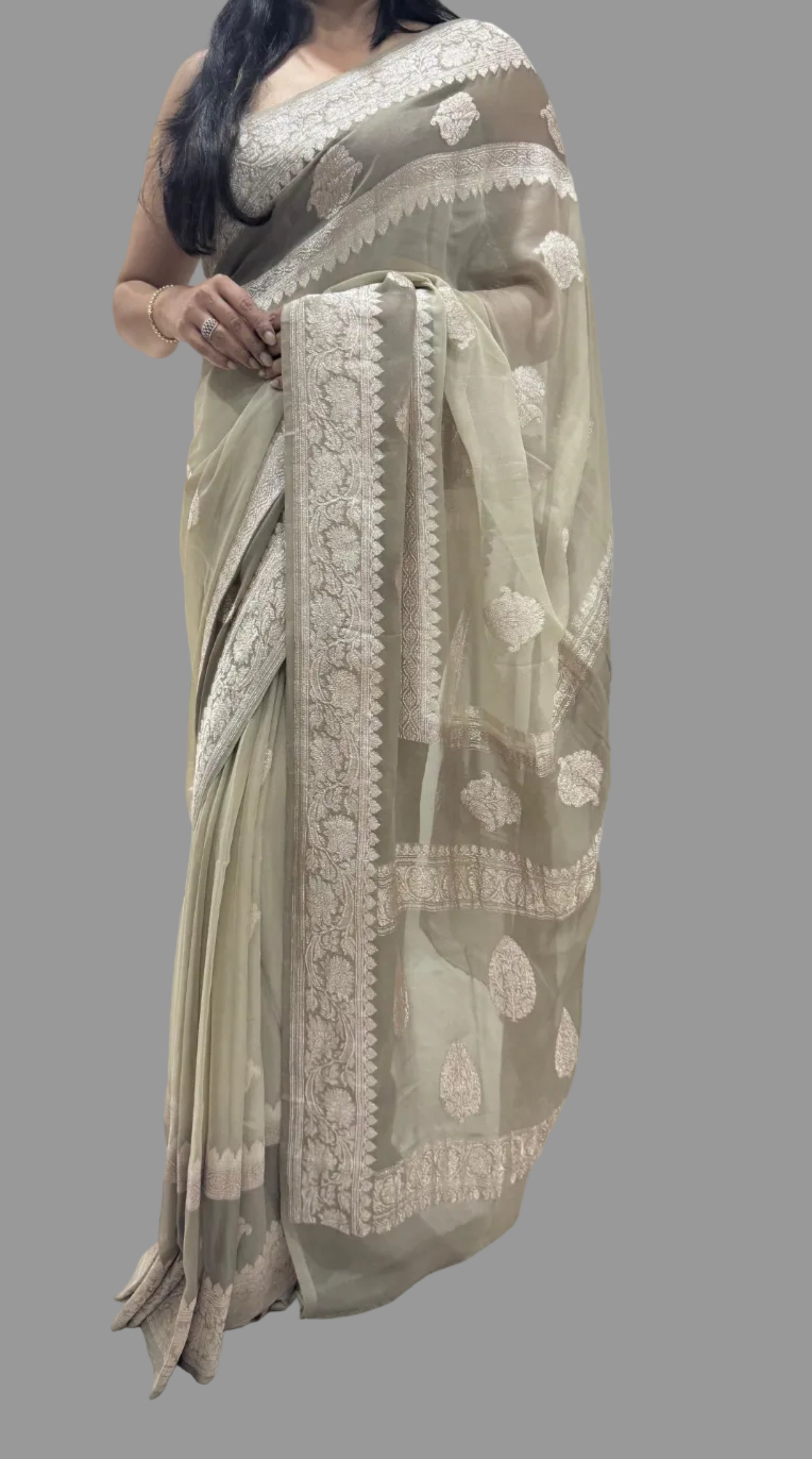 Cream n light grey benarasi double border pure chiffon saree