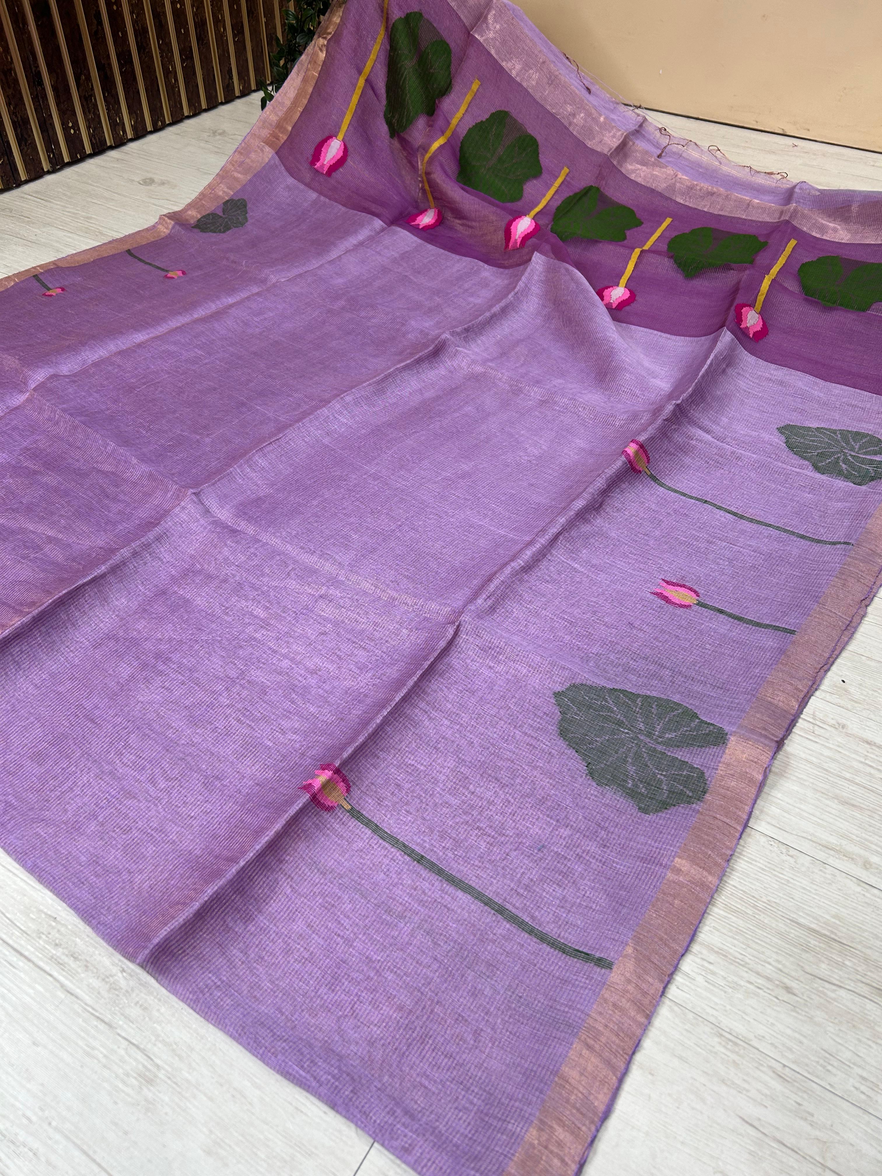 Brown pure jamdani linen saree